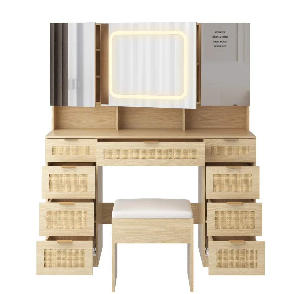 IVV Vanity Desk Set with Large LED Lighted Mirror & Power Outlet, Makeup Dressing Table with 9 Drawers and 3 Cabinets in Mirrored Doors, 47