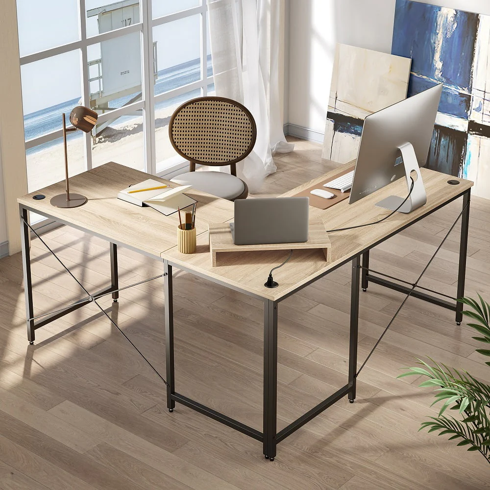 Bestier 95.2 inch L Shaped Desk with Power Outlet & Monitor Stand Oak