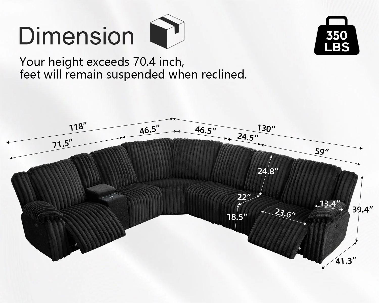 Power Reclining Sectional Sofa with Wireless Charger. 6 - Seater Faux Fur Sectional with Recliners. Hidden Cup Holders. Storage Console. USB & Type - C Ports. Black
