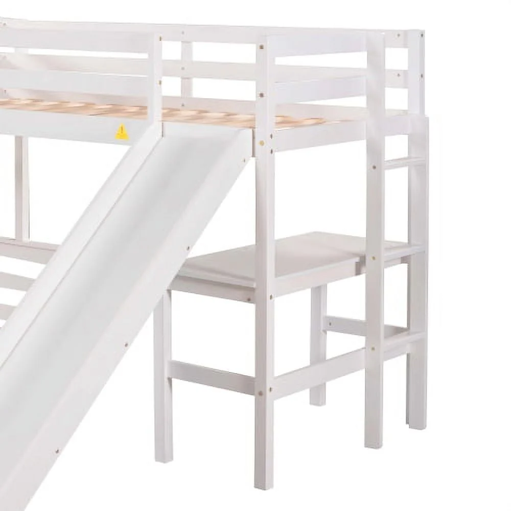 L Shaped Triple Bunk Bed for 5, Twin Over Full Bunk Bed and Twin Size Loft Bed with Built-in Desk, and Slide,Full-Length Guardrail, White
