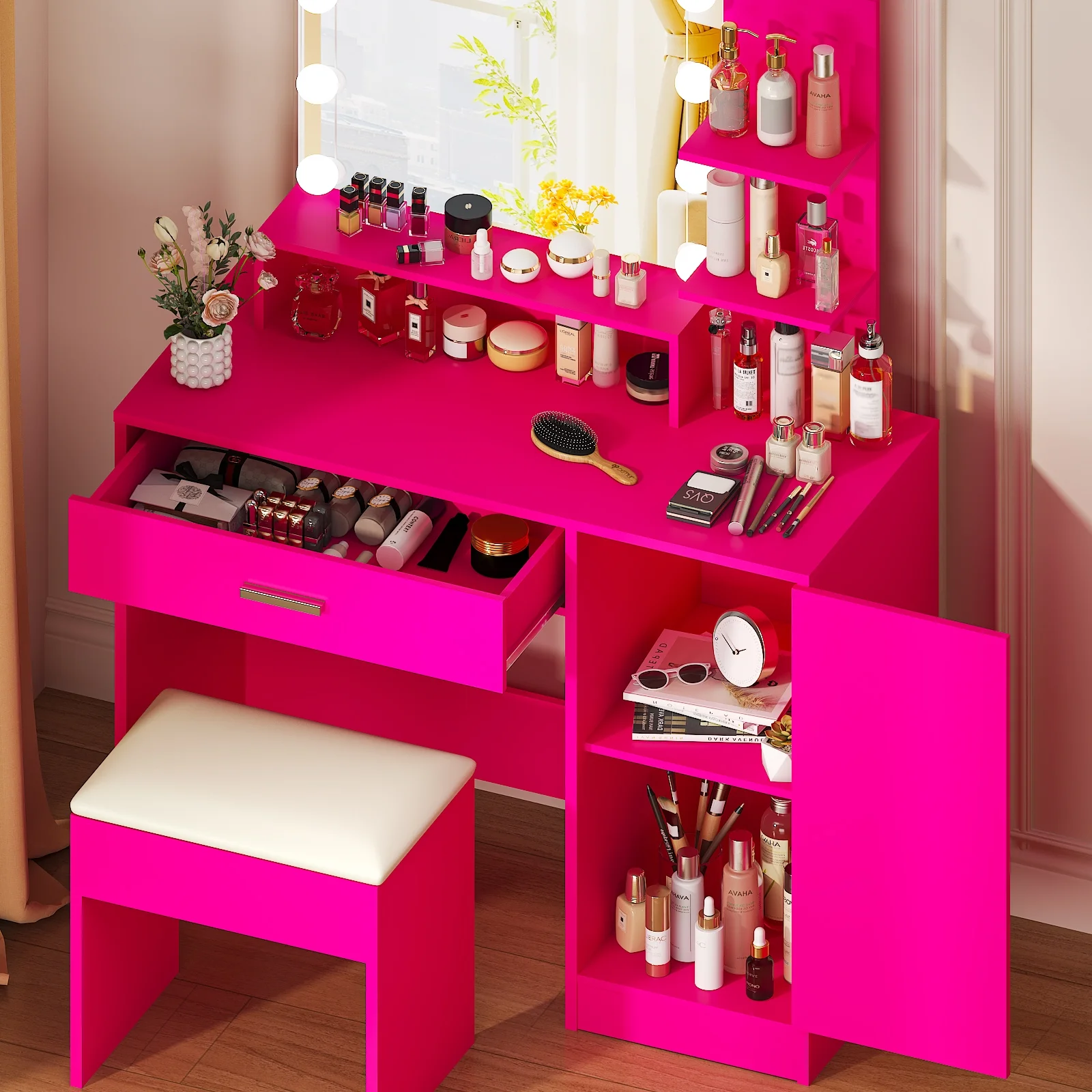 Ktaxon Vanity Set with 3 Color Lighted Mirror, Makeup Table with 3 Storage Shelves & Drawers, Dressing Table Makeup Desk with Stool,White