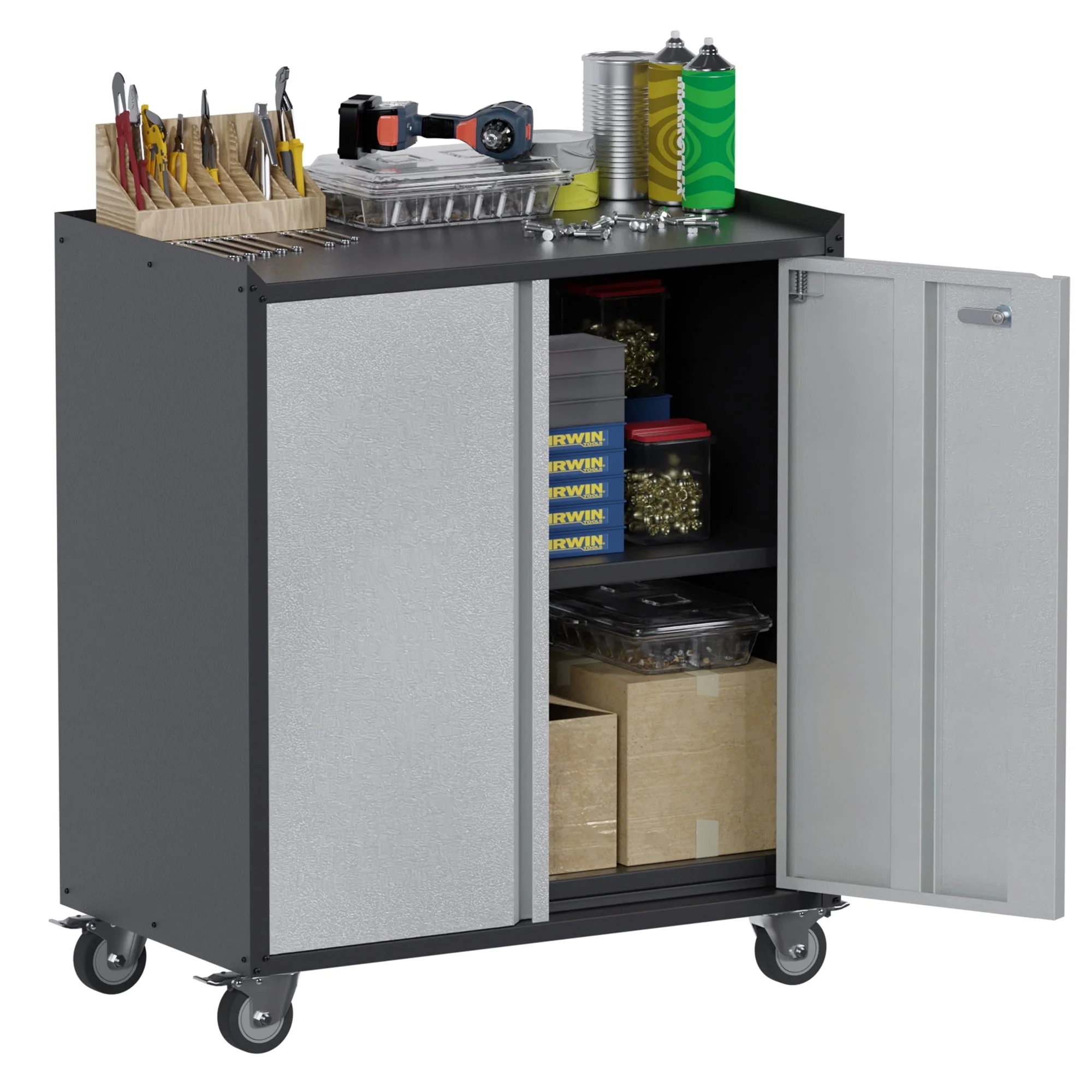 Aobabo Metal Storage Cabinet with Lock,Garage Storage Cabinet with Wheels,72In Steel Storage Cabinet for Garage Home Storage, Black Required-Assembly