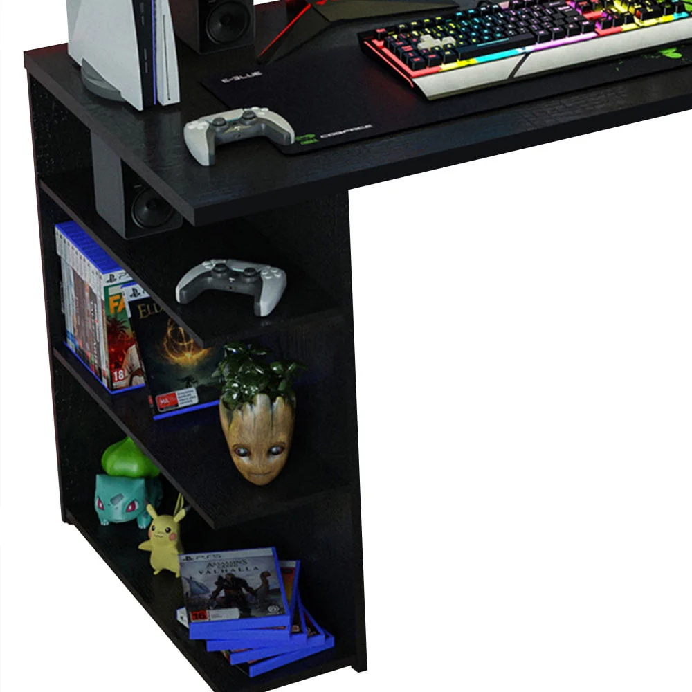 Madesa 53 inch Gaming Computer Desk with Shelves, Home Office Desk Writing Workstation, Wood - Black