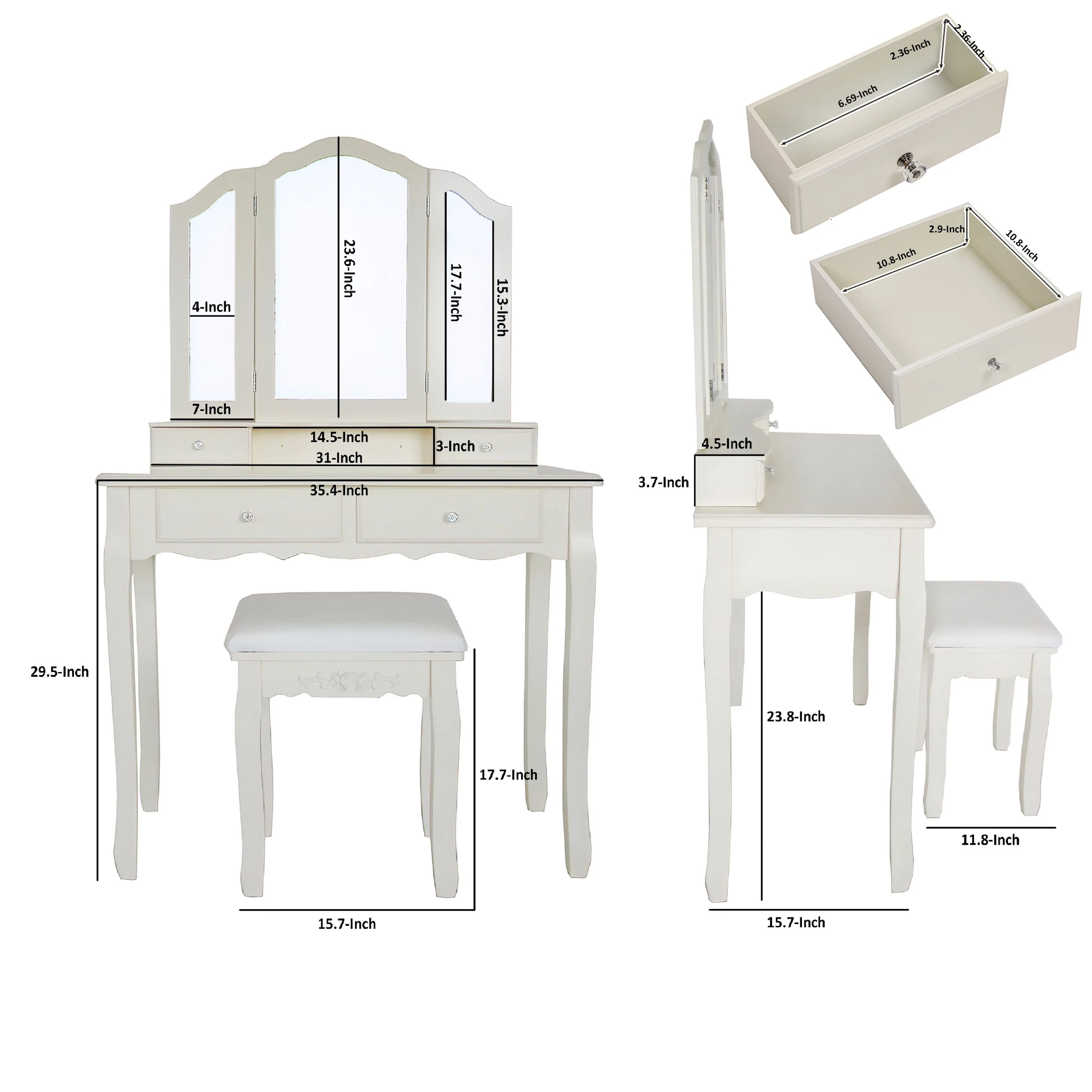 35 Inch 3 Piece Vanity Desk Set with Cushioned Stool and Elegant Trifold Mirror, 4 Drawers, Off White Solid Wood-Saltoro