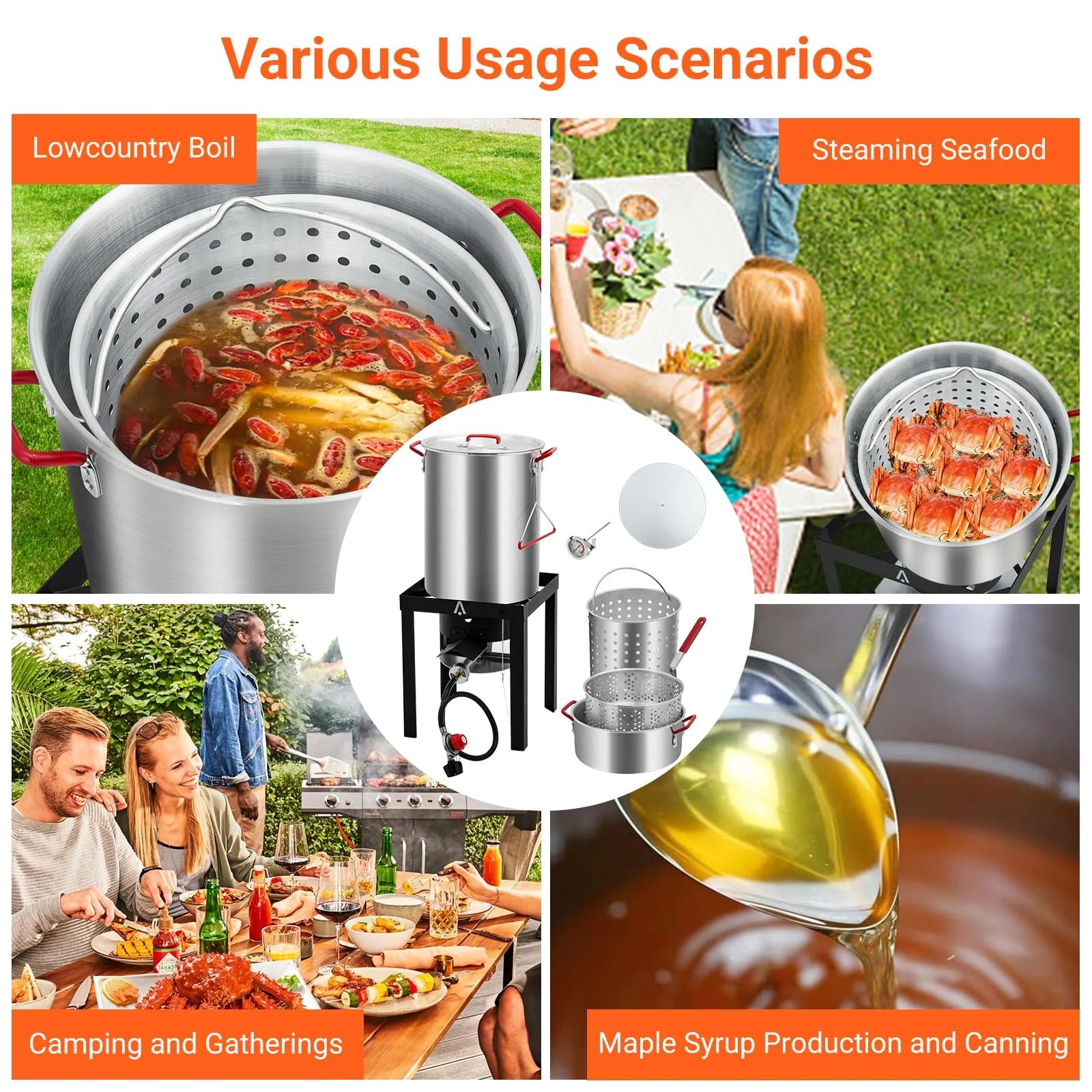 Soonbuy 30 QT Turkey Fryer Cooker Set and 10 QT Kit,50,000 BTU Aluminum Turkey Deep Fryer and Propane Burner Kit,Outdoor Propane Deep Fryers Stove Burner Stand,Baskets,Marinade Injector, Temperature Gauge