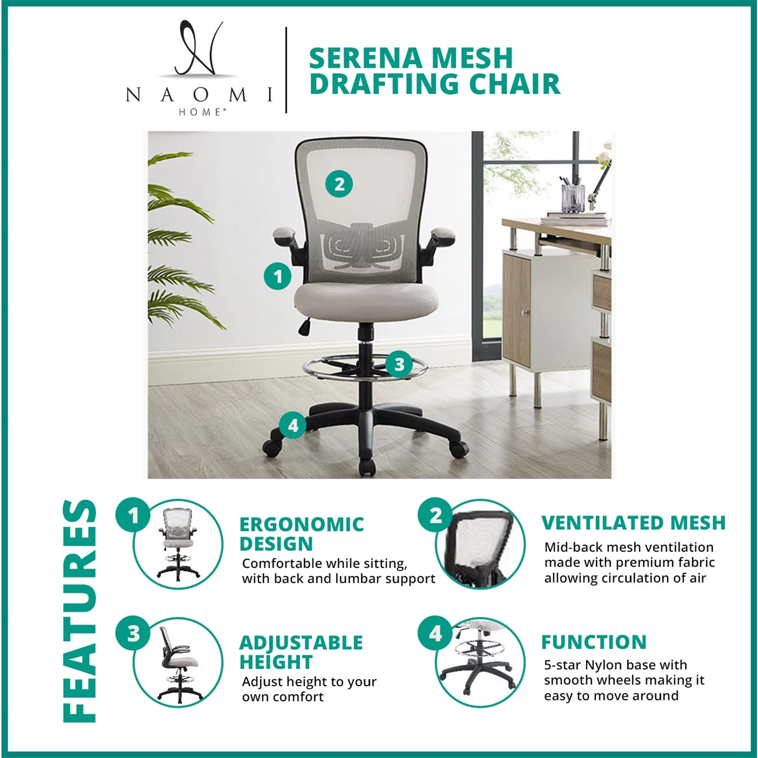 Serena Mesh Drafting Chair, Tall Office Chair for Standing Desk by Naomi Home-Base Color:Black,Color:Gray