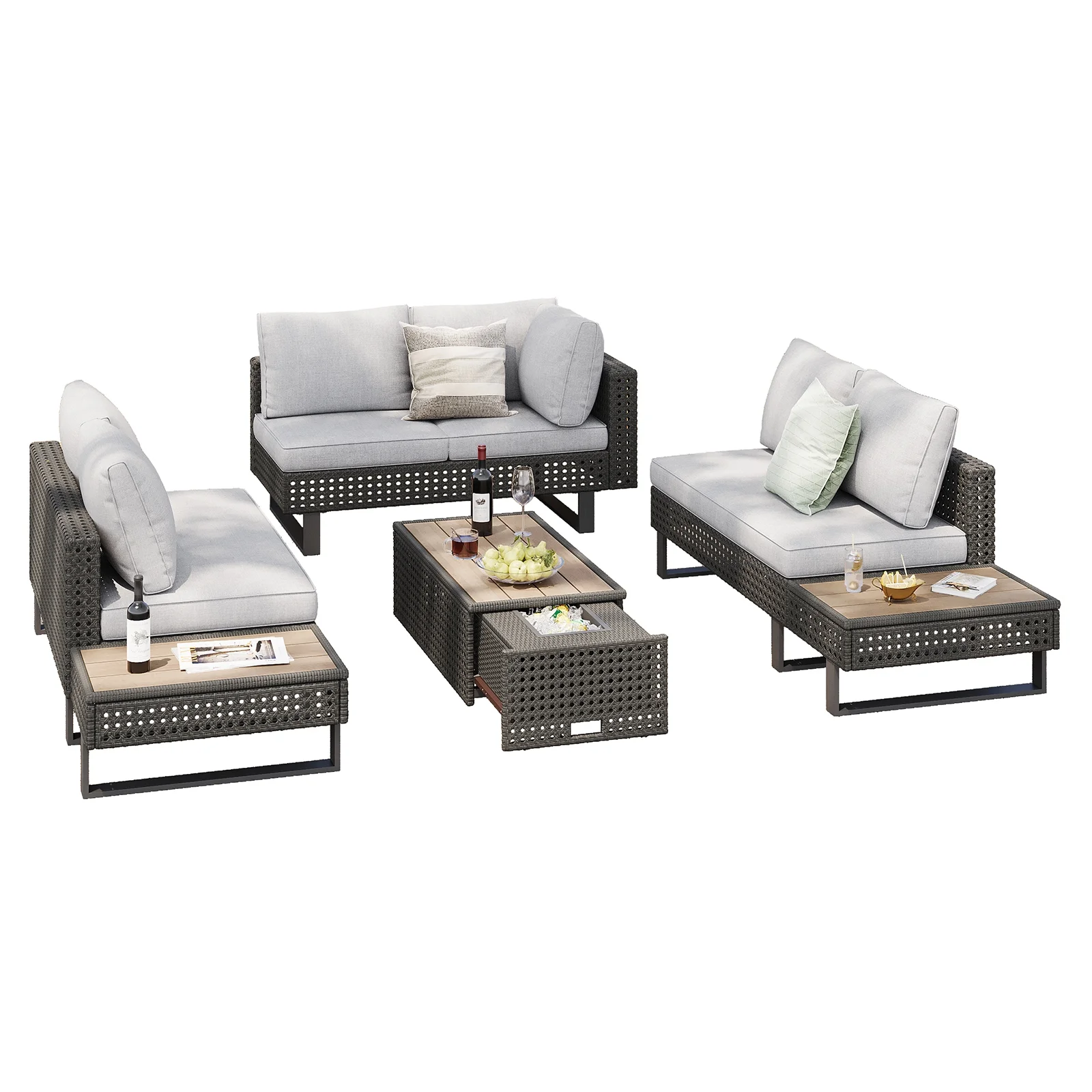 6-Piece Outdoor Sectional Furniture Set for Patio, Expandable Coffee Table w/ Ice Bucket & Collapsible Seat, Deep Cushions - Khaki