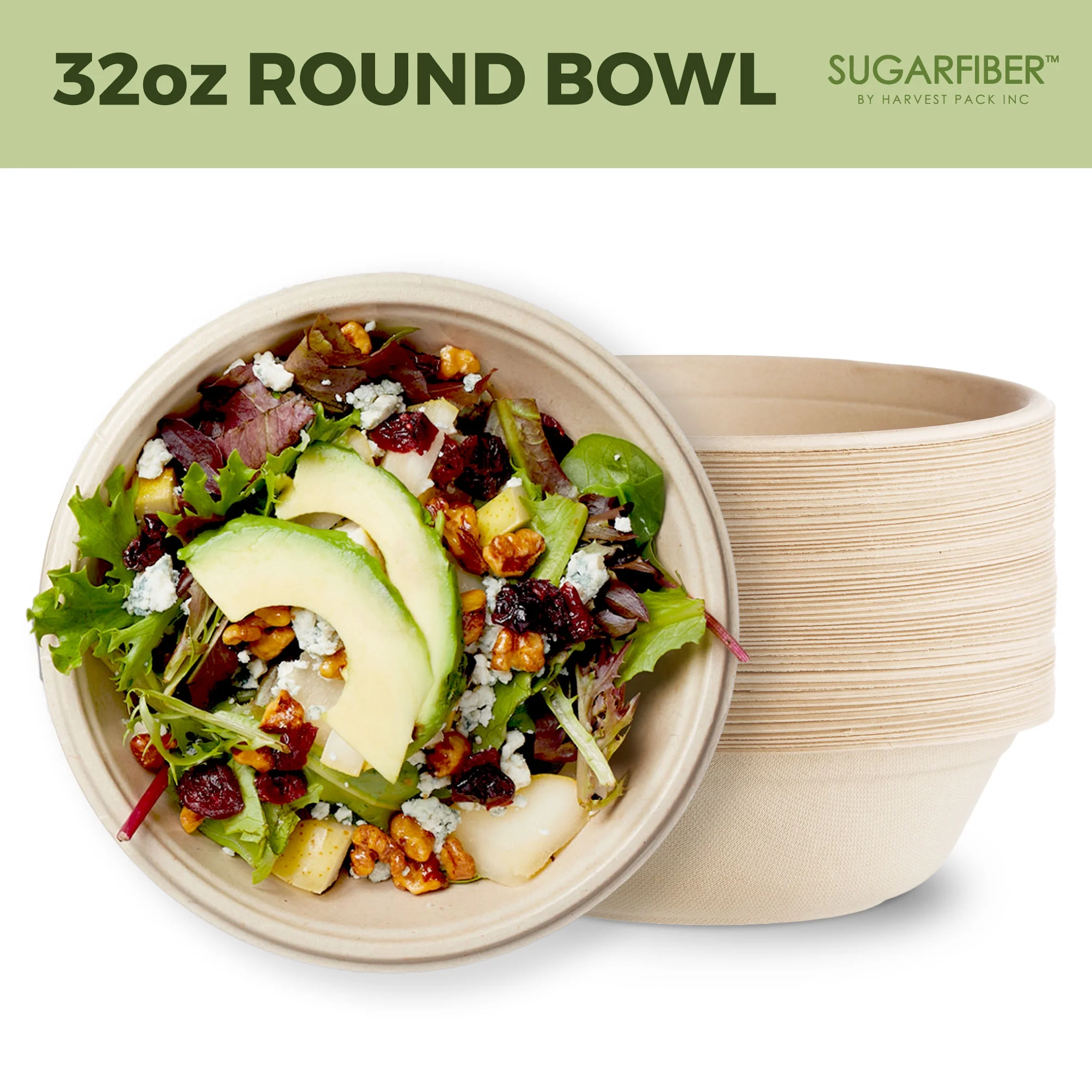 Sugarfiber 32oz Round Disposable Paper Bowl with Lid - Compostable Eco-Friendly Plant Fiber Containers for Meal Prep Takeout Dinnerware Plates Catering 100% by-product - 500 Set