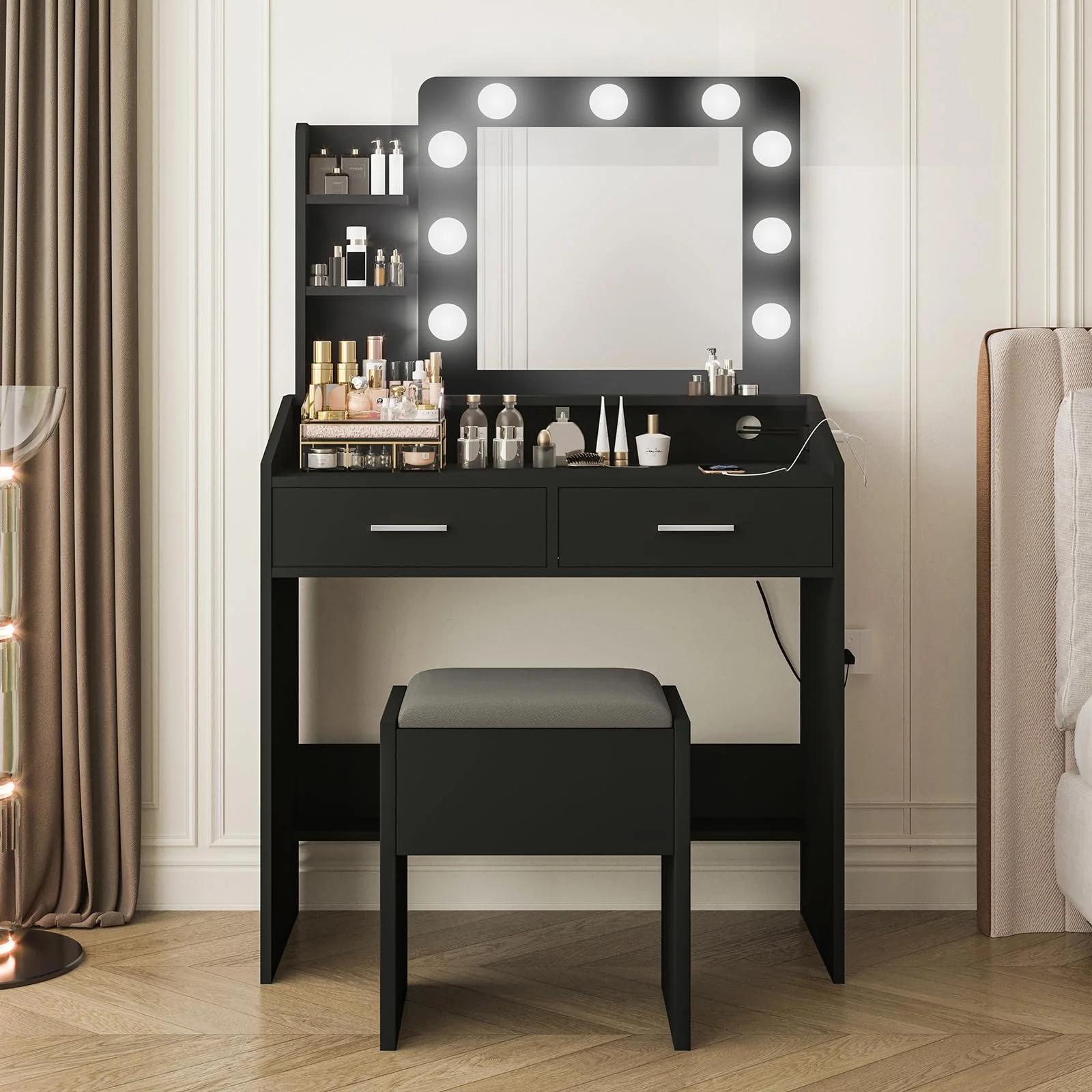 Yeshouse Vanity Desk with Mirror and Lights, White Makeup Vanity with 2 Drawers, 3 Light Mode and Brightness Adjusted, Makeup Table for Bedroom, Desk and Chair