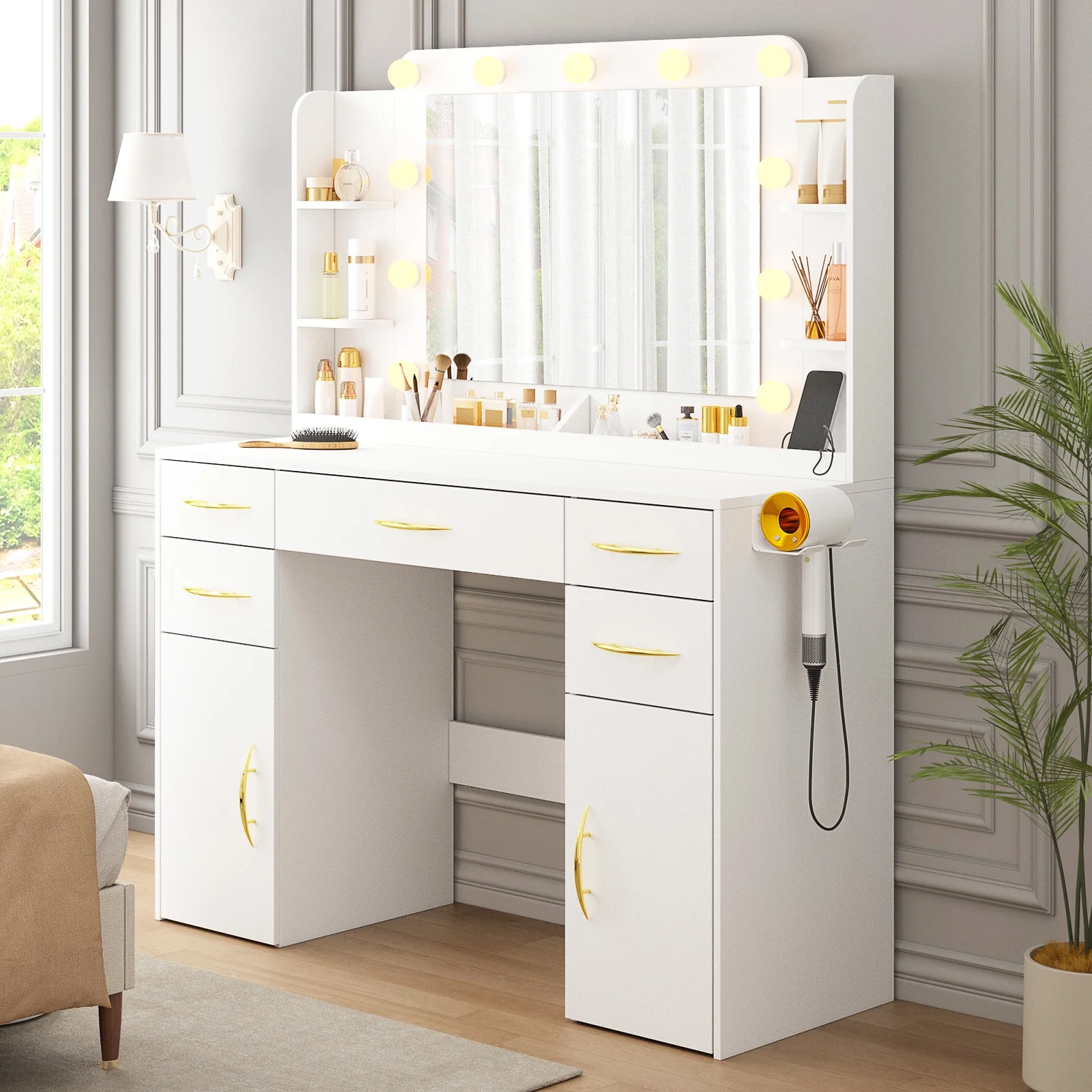 Tomnk woo White Makeup Vanity Desk with Large Mirror, Adjustable Lights, Storage Drawers & Power Outlets