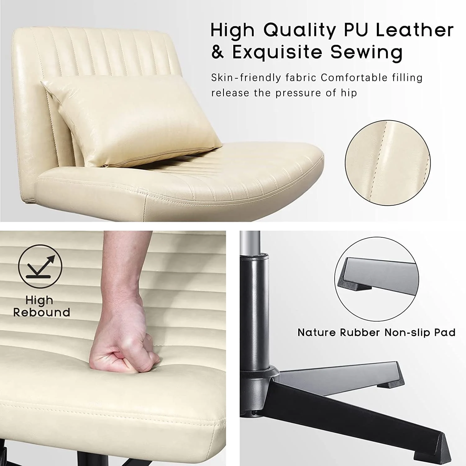 Waleaf Armless Desk Chair No Wheels with Ottoman&Lumbar Support,PU Leather Padded Modern Swivel, Height Adjustable Wide Seat Cross Legged Computer Task Chair for Living Room, Beige