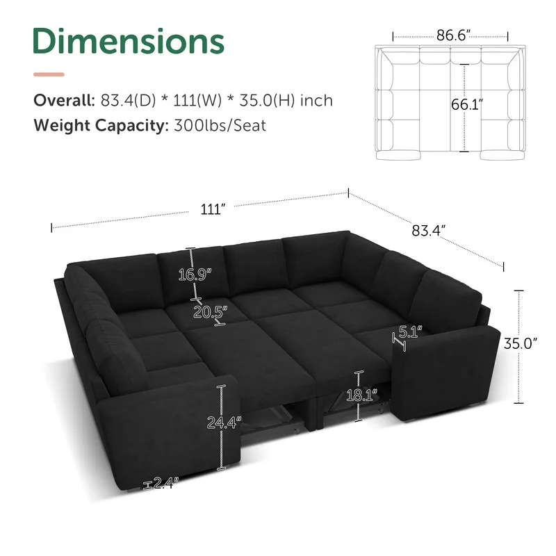 Honbay Convertible Velvet Sofa Bed with Pull-Out Couch Bed and Storage, Black