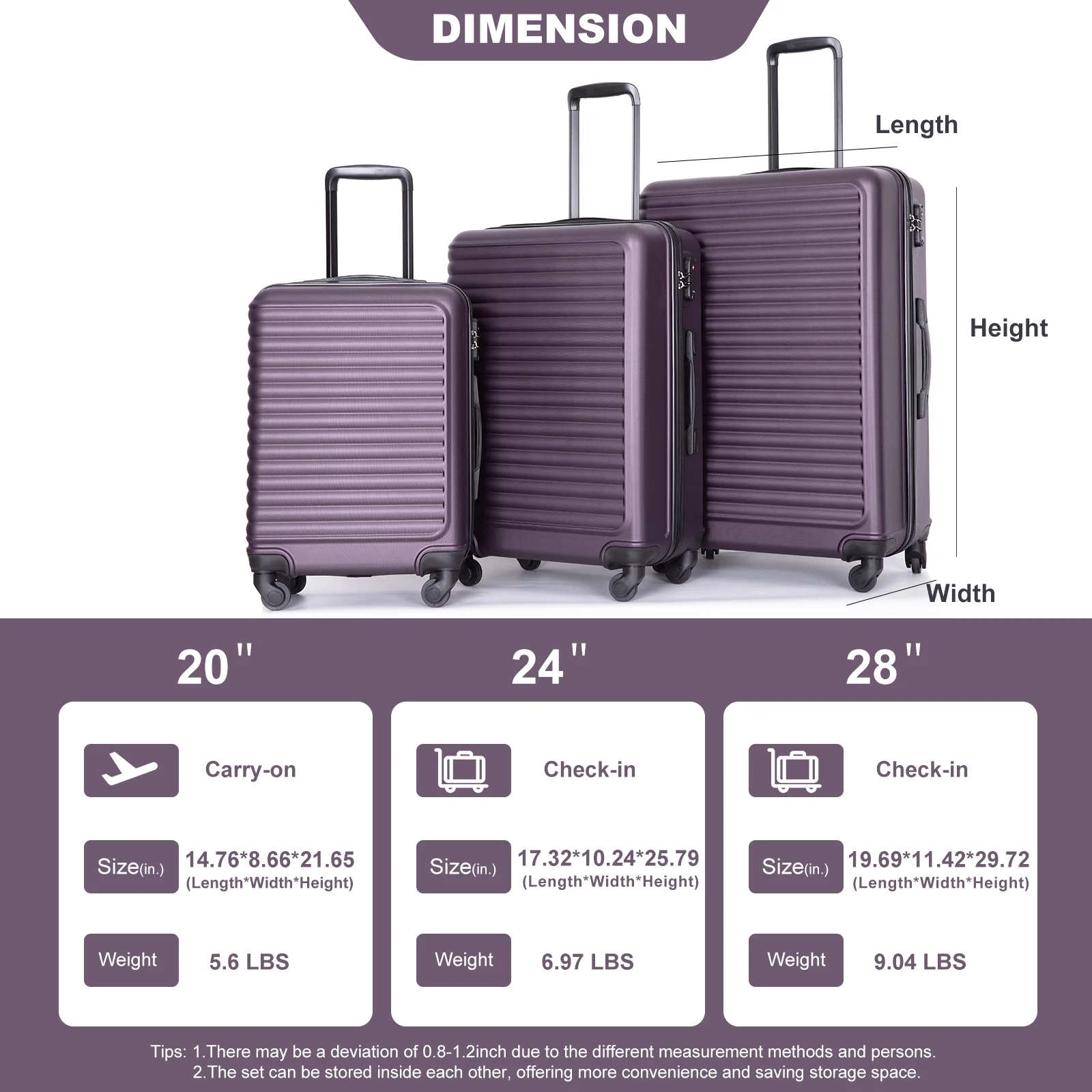 3 Pieces Luggage Sets, Expandable ABS Hardshell Clearance Luggage, Hardside Lightweight Durable Suitcase Sets with Two Hooks, Spinner Wheels and TSA Lock, 20in/24in/28in Travel Suitcase, Turquoise