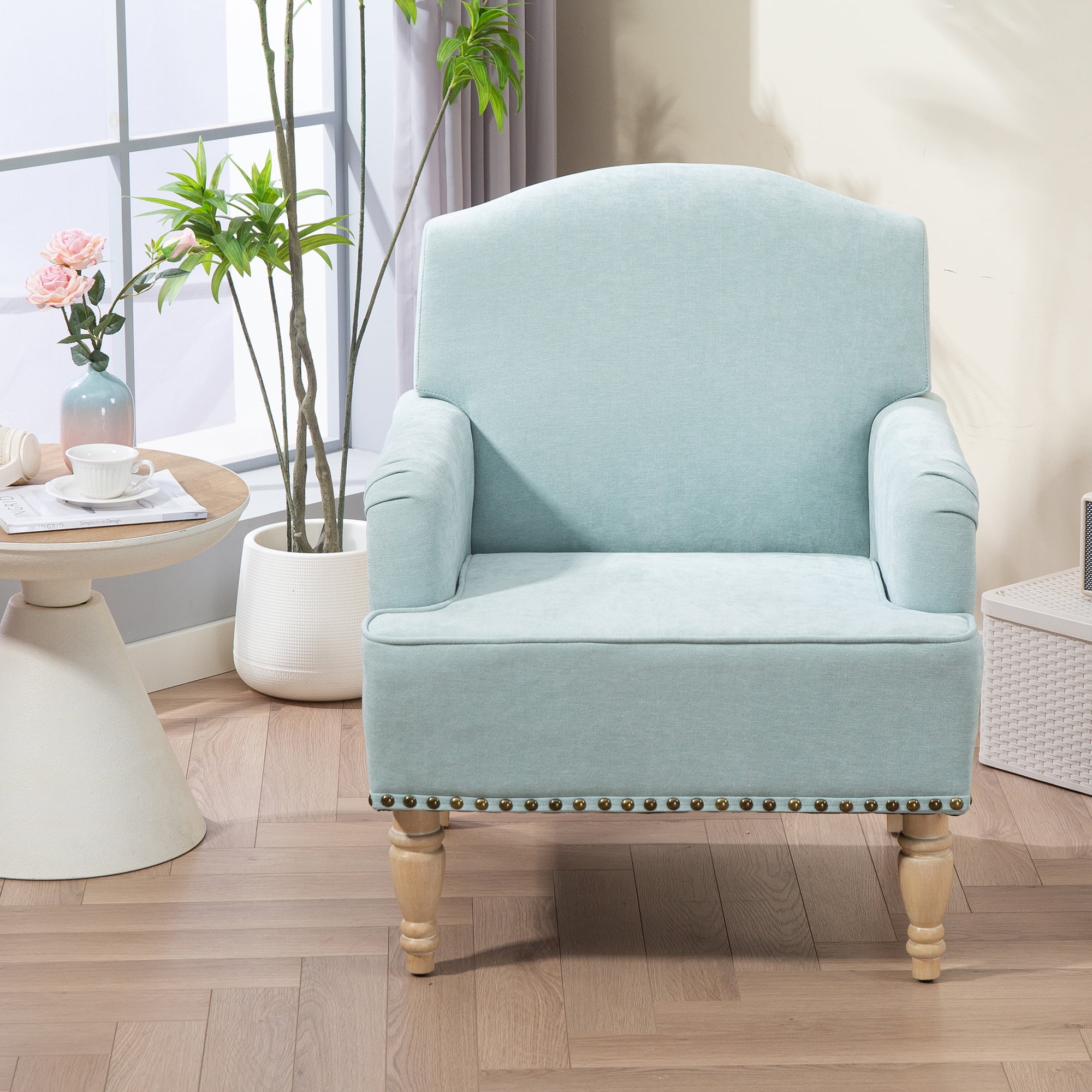Morufur Accent Chairs for Living Room Armchair Reading Chair Mid Century Fabric Sofa Chairs Modern Comfy Upholstered Arm Chair with Wood Legs for Bedroom(Sage)