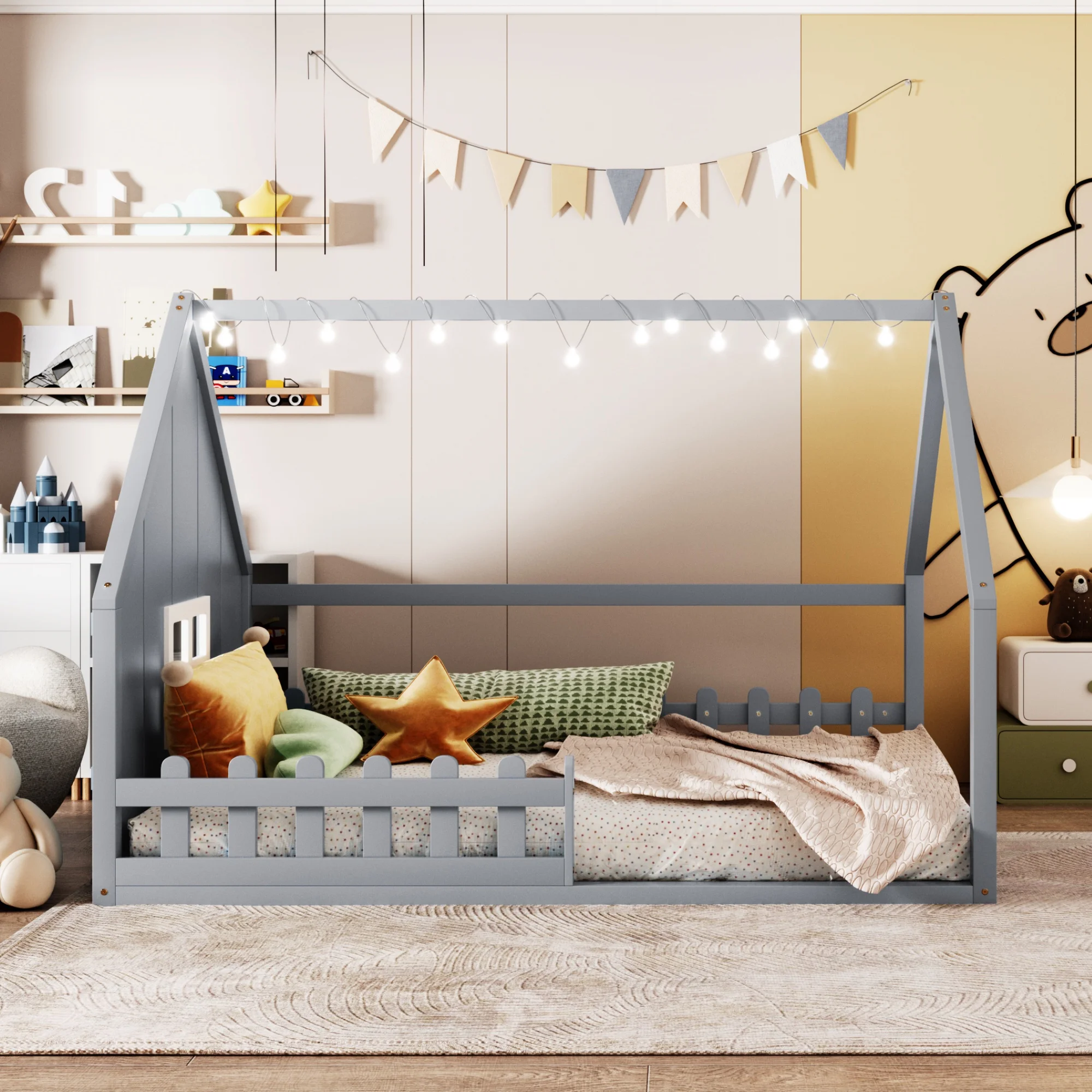 Bellemave Full Size House Bed with LED Light and Fence, Wooden Montessori Floor Bed with Window, No Box Spring Required (Gray)