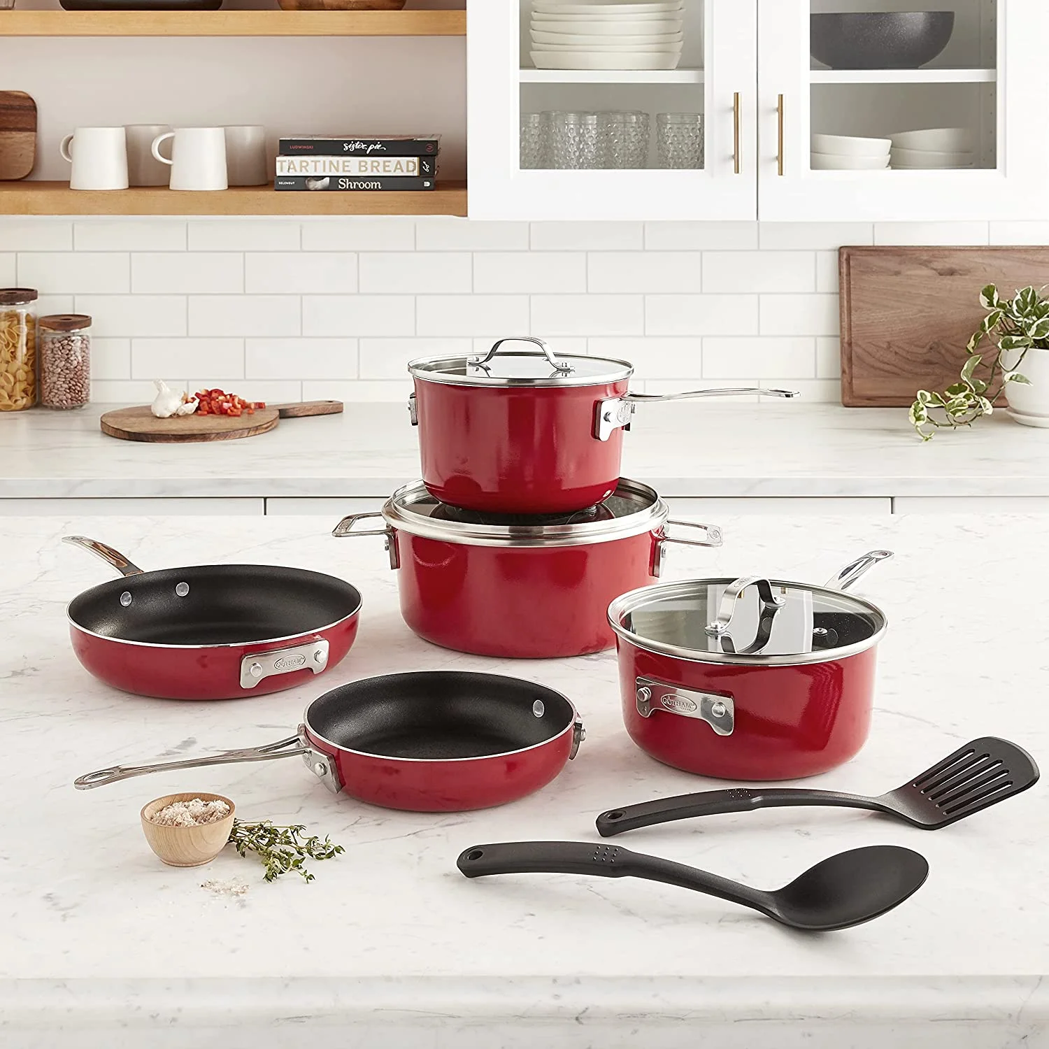 Gotham Steel Stackmaster 10 Pc Copper Pots and Pans Set Non Stick Cookware Set with Kitchen Utensils, Induction Ready, Non Toxic Nesting Design for 50% Space Saving, Oven and Dishwasher Safe