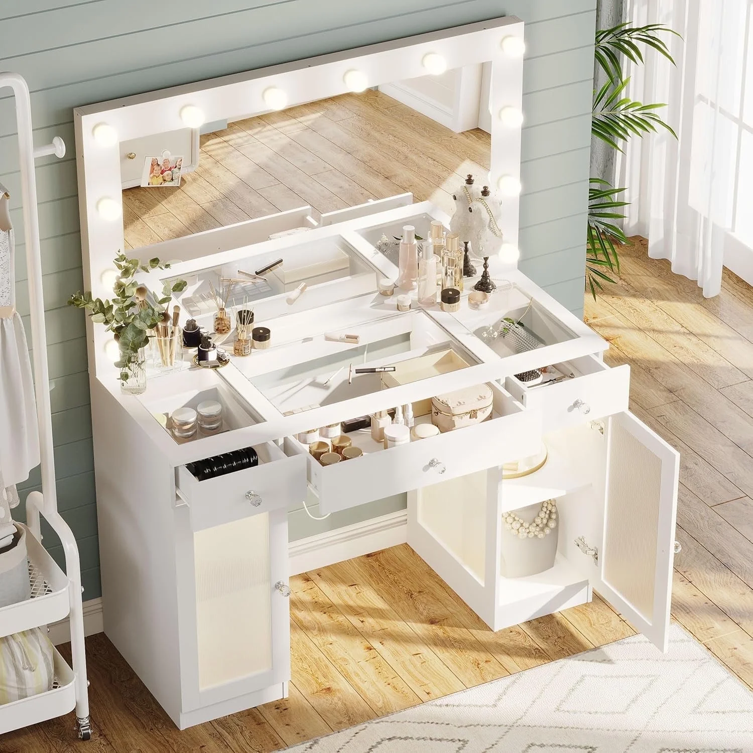 ABOVOBA Vanity Desk with Mirror and Lights,3 Drawers and Power Outlet Makeup Vanity for Women,White
