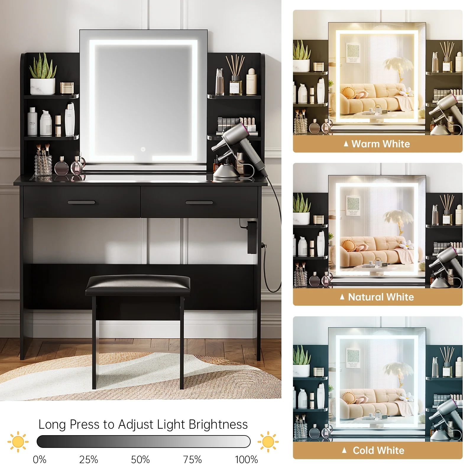 RichYa Modern Makeup Vanity Set with Lights Mirror and Drawers,White Makeup Desk,Dressing Table