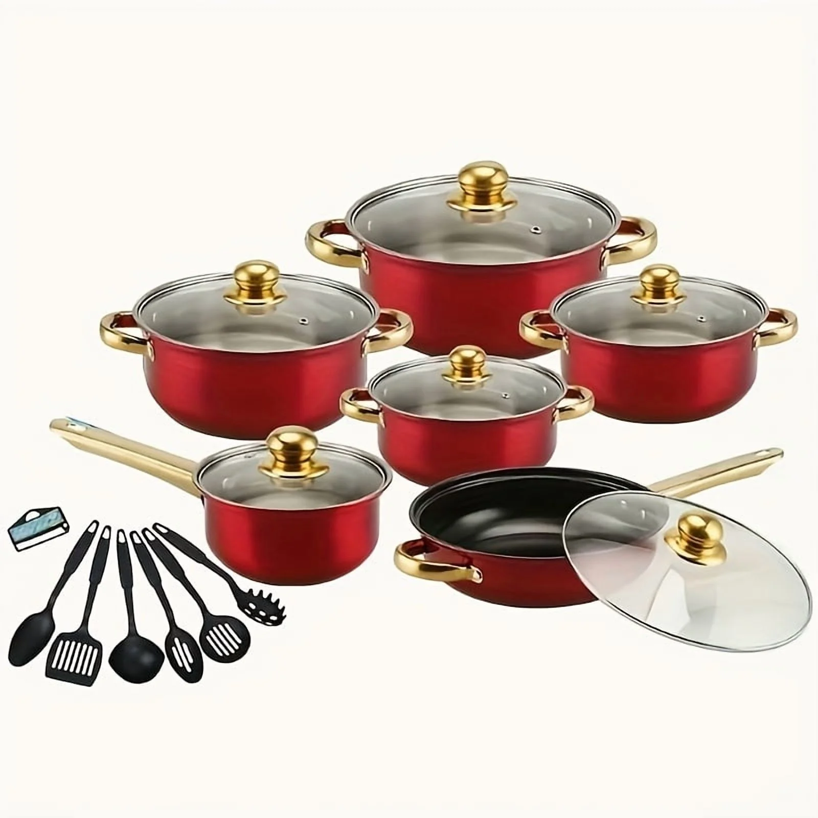 Red 18pcs Stainless Steel Cookware Set, Non-stick Cookware Set, Heat-resistant, Frying Pan, Saucepan, Stew Pot, Multifunctional, Stylish, Durable, Suitable For All Stoves