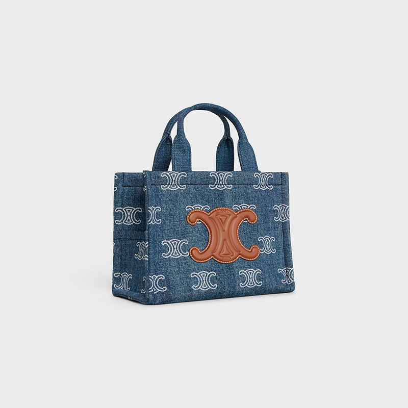 SMALL CABAS THAIS IN DENIM WITH TRIOMPHE ALL-OVER EMBROIDERY AND CALFSKIN