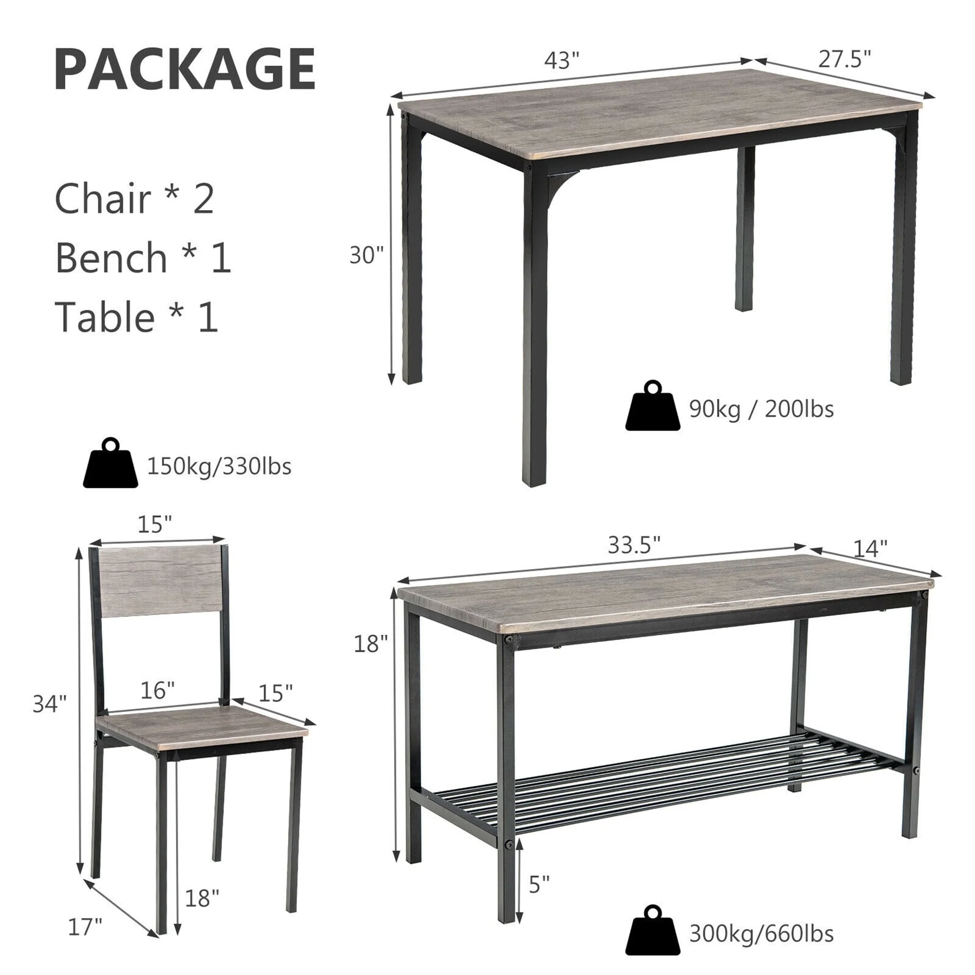 Gymax 4pcs Dining Table Set Rustic Desk 2 Chairs & Bench w/ Storage Rack Grey