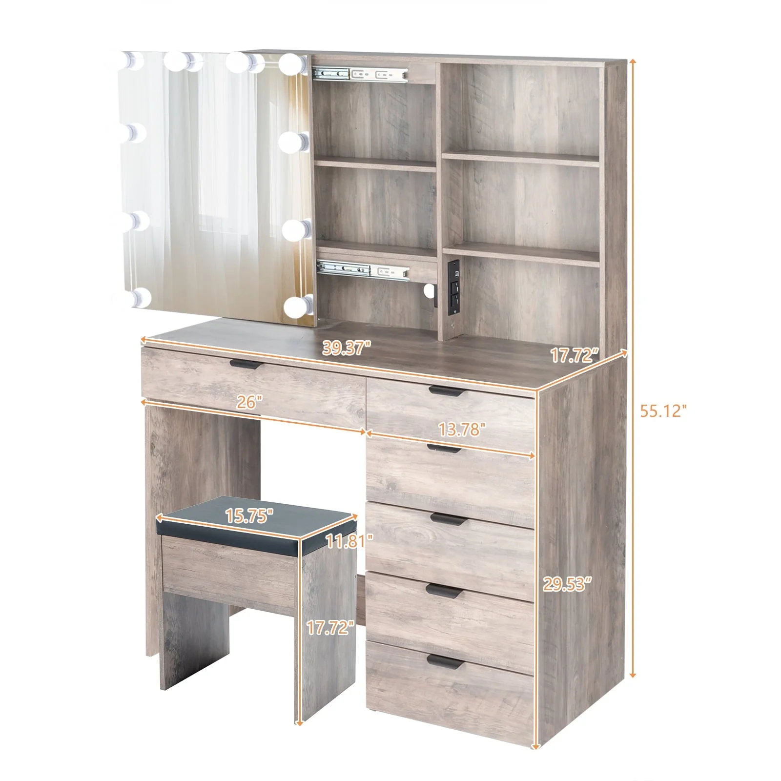 Ktaxon Vanity Set with 3 Color Lighted Mirror & Charging Station, Makeup Table with 6 Drawers, Dressing Table Makeup Desk with Stool,Retro Gray