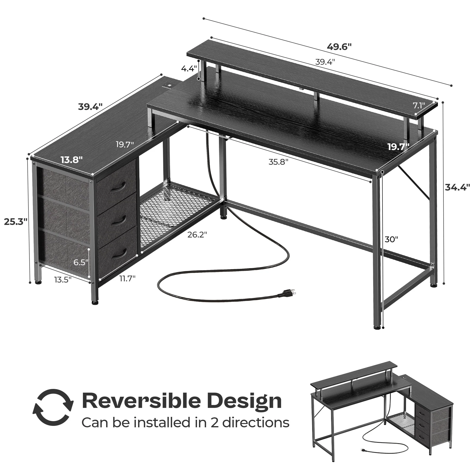 Huuger Computer Desk with LED Lights and Power Outlets, L Shaped Gaming Desk with Drawers & Storage Shelf, Reversible Home Office Desk with Monitor Stand, Black