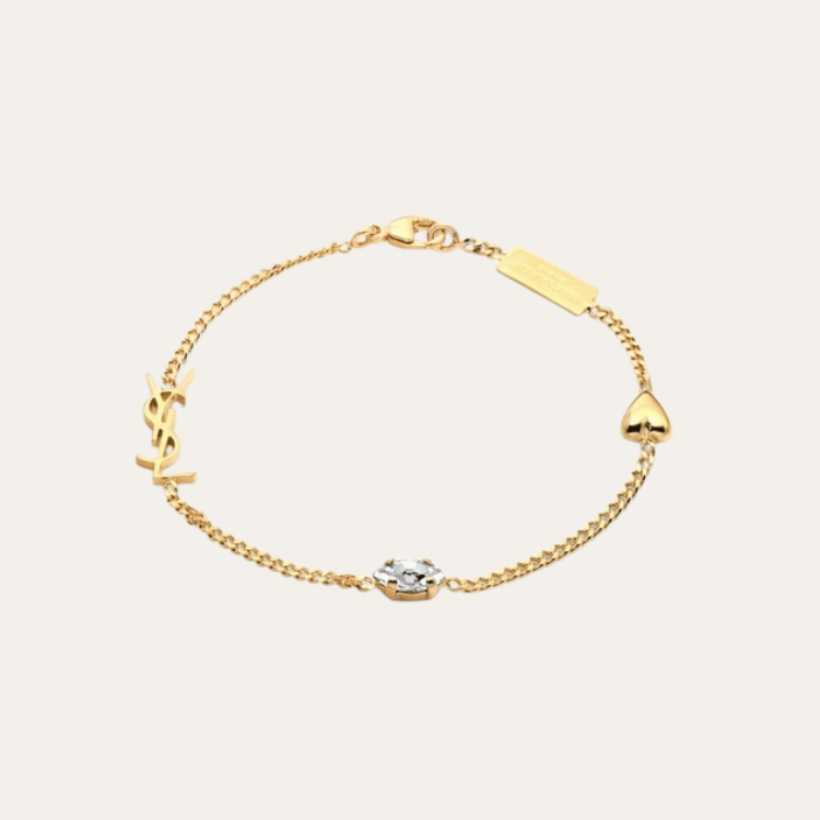 Yves Saint Laurent Cassandre Logo And Heart Charm Bracelet Gold-Tone
