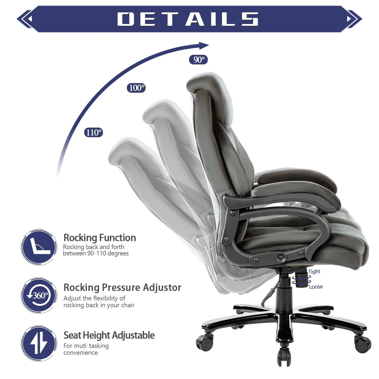 JONPONY Home Office Chair, Big and Tall Chair 8 Hours Heavy Duty Design, Ergonomic High Back Cushion Lumbar Back Support, Computer Desk Chair, Adjustable Executive Leather Chair with Arms,Grey