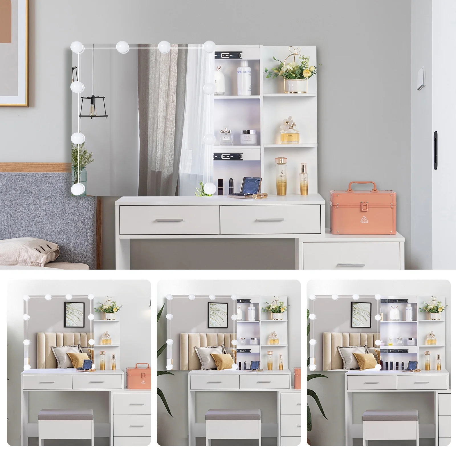Ktaxon Flutted Makeup Vanity Table Set with 5 Drawer, Dressing Table w/Charging Station, Vanity Desk for Femal Gift, White