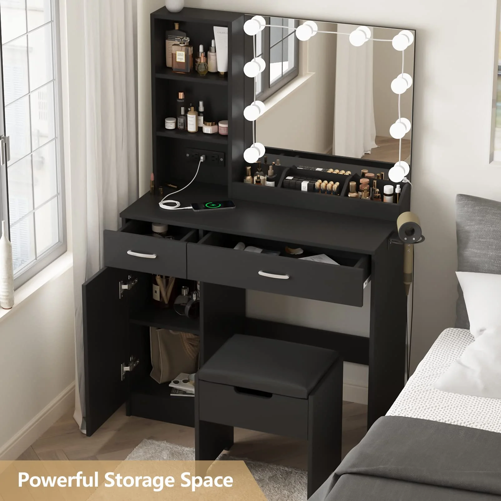 Veanerwood Makeup Vanity Desk with Lighted Mirror & Power Strip, Girls Dressing Table with Storage Shelves, White