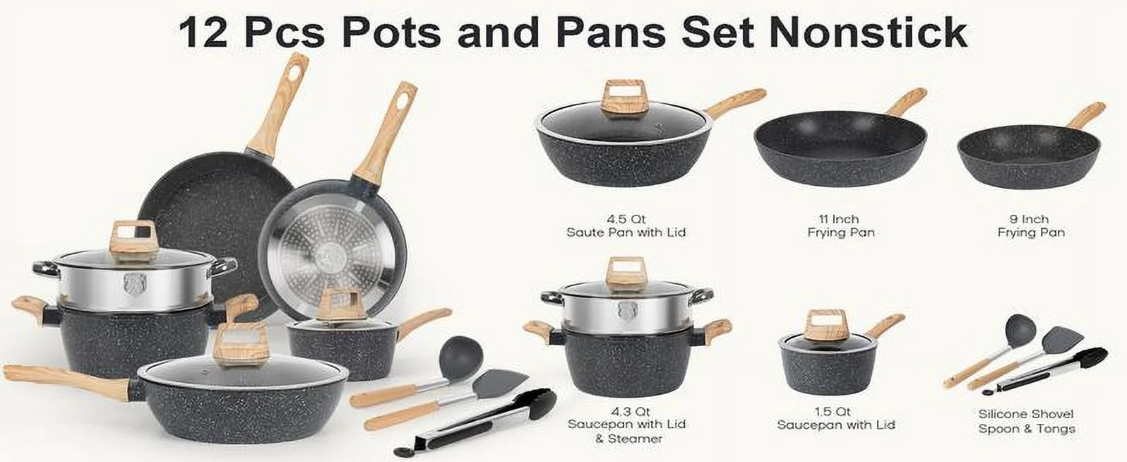 12pcs Pots and Pans Set Non Stick Kitchen Cookware Sets Induction Cookware Nonstick Granite Cooking Set with Frying Pans, Saucepans, Steamer