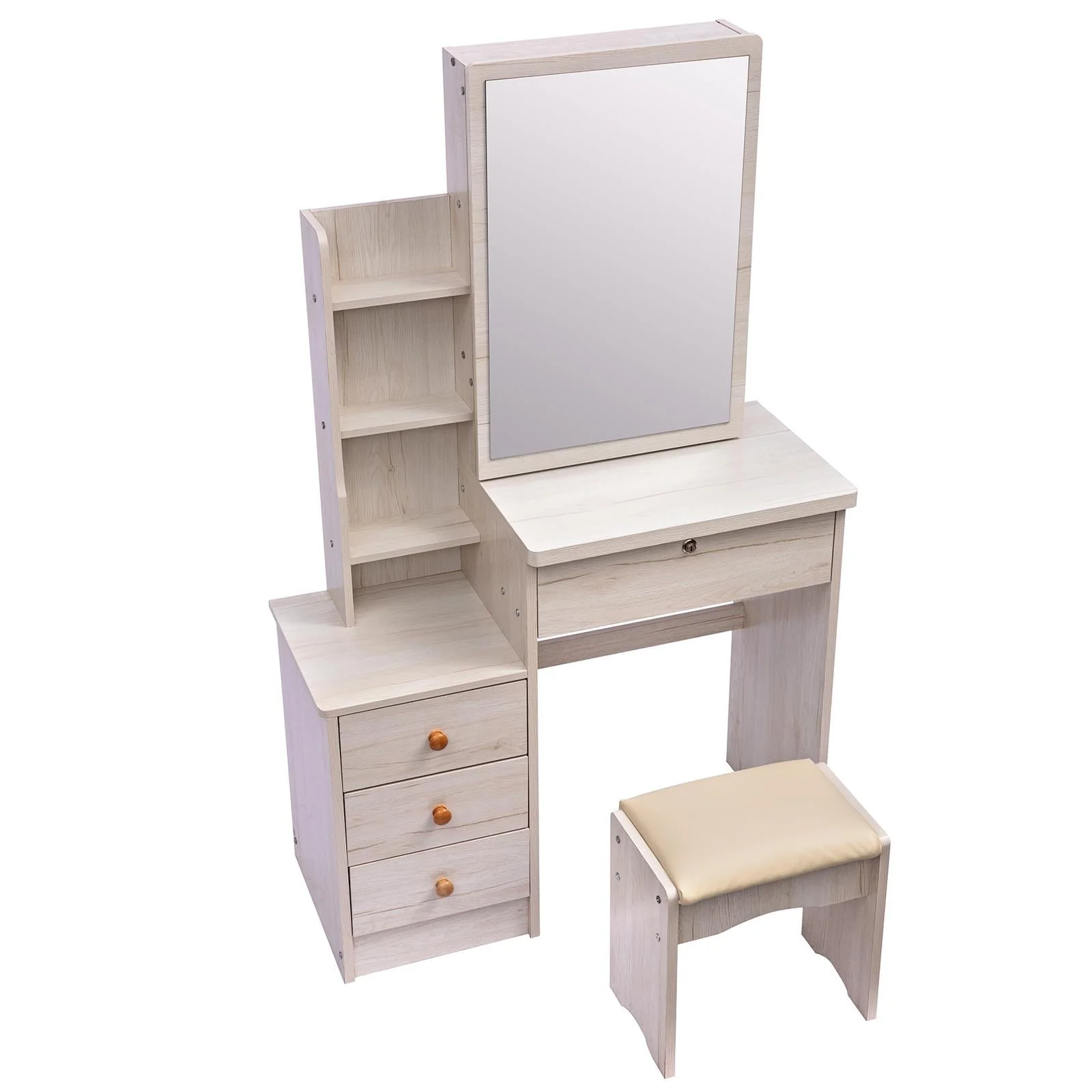 UBesGoo Vanity Set with Sliding Mirror, Makeup Vanity Dressing Table with 4 Drawers, Shelves, Dresser Desk and Cushioned Stool Set (White Oak Color)
