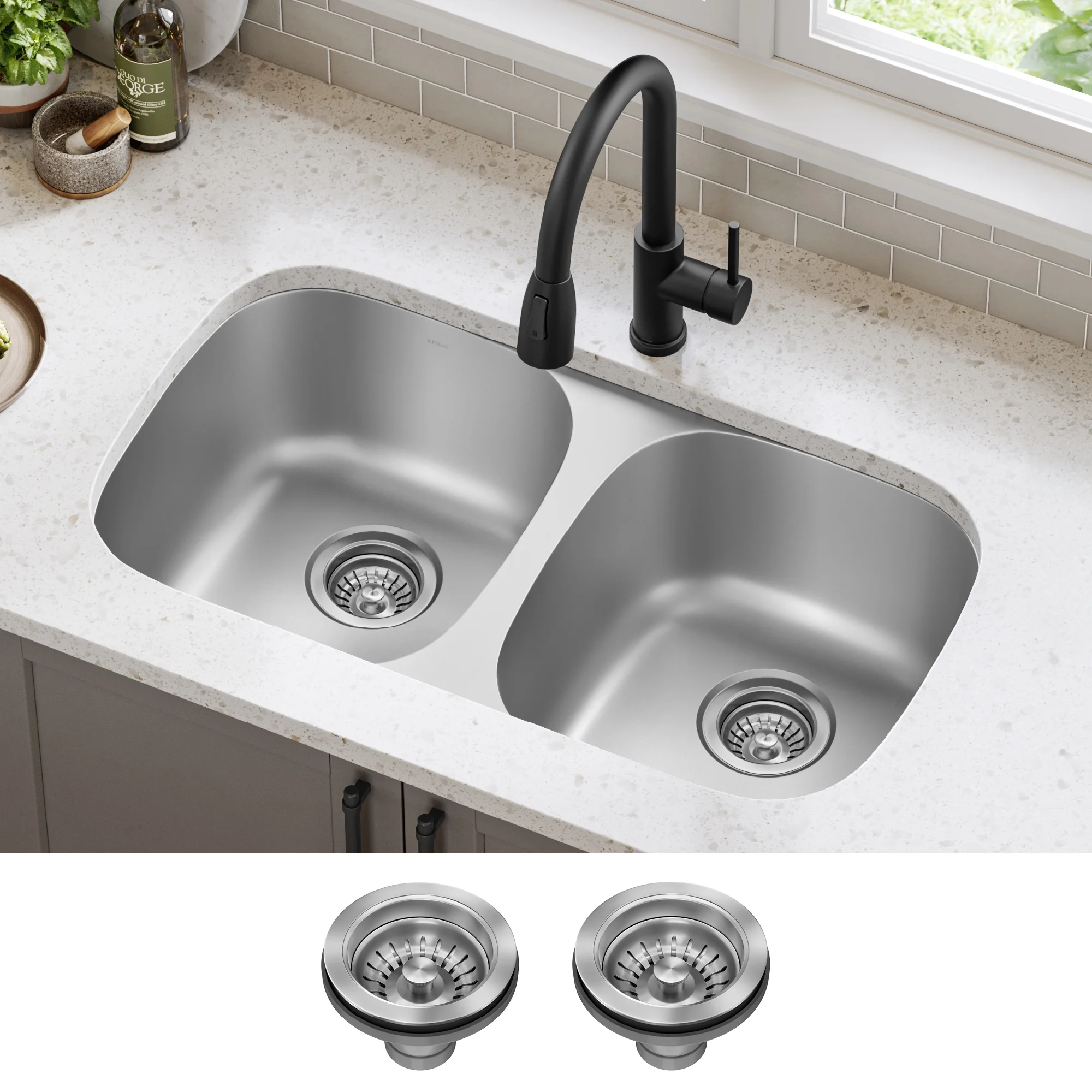 KRAUS Premier 32�� Undermount 50/50 Double Bowl 18-Gauge Stainless Steel Kitchen Sink
