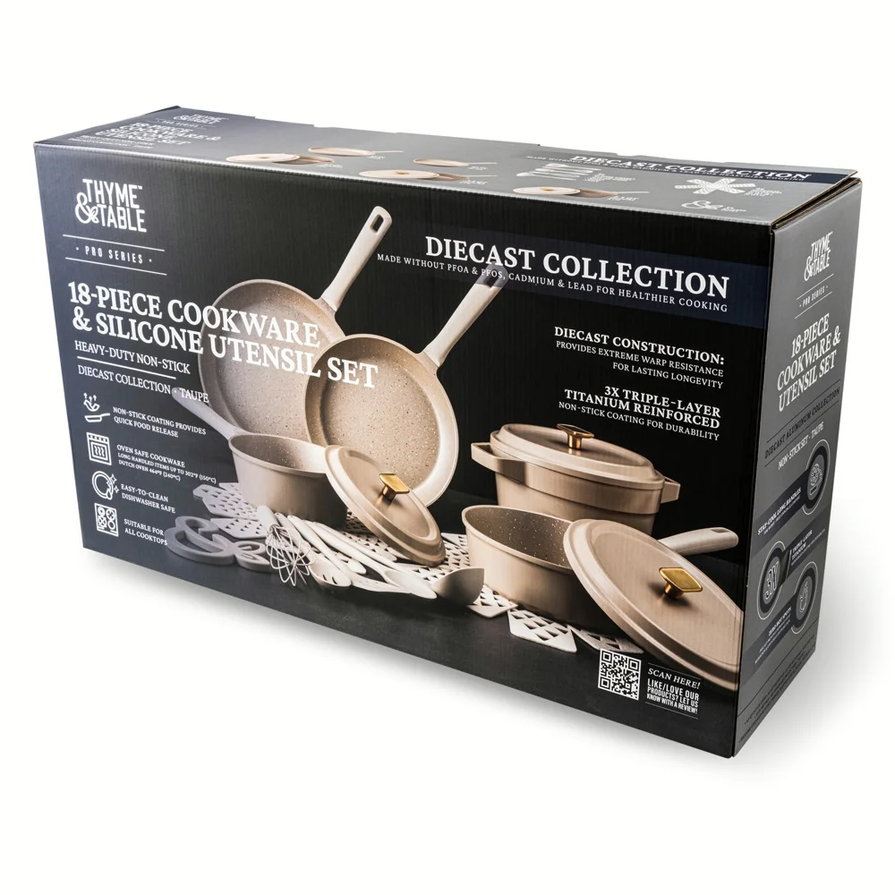 Thyme & Table 18-Piece Non-stick Diecast Cookware & Silicone Utensil Set, Pots and Pans Set - Atlantic Blue