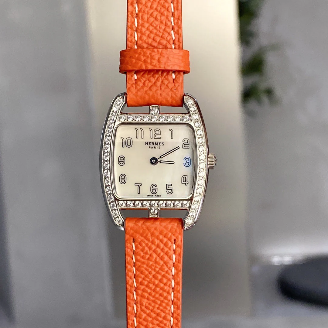 Hermes Watch Paris CAPE COD 26 SILVER MOP DIAL DIAMOND BEZEL LEATHER Watch