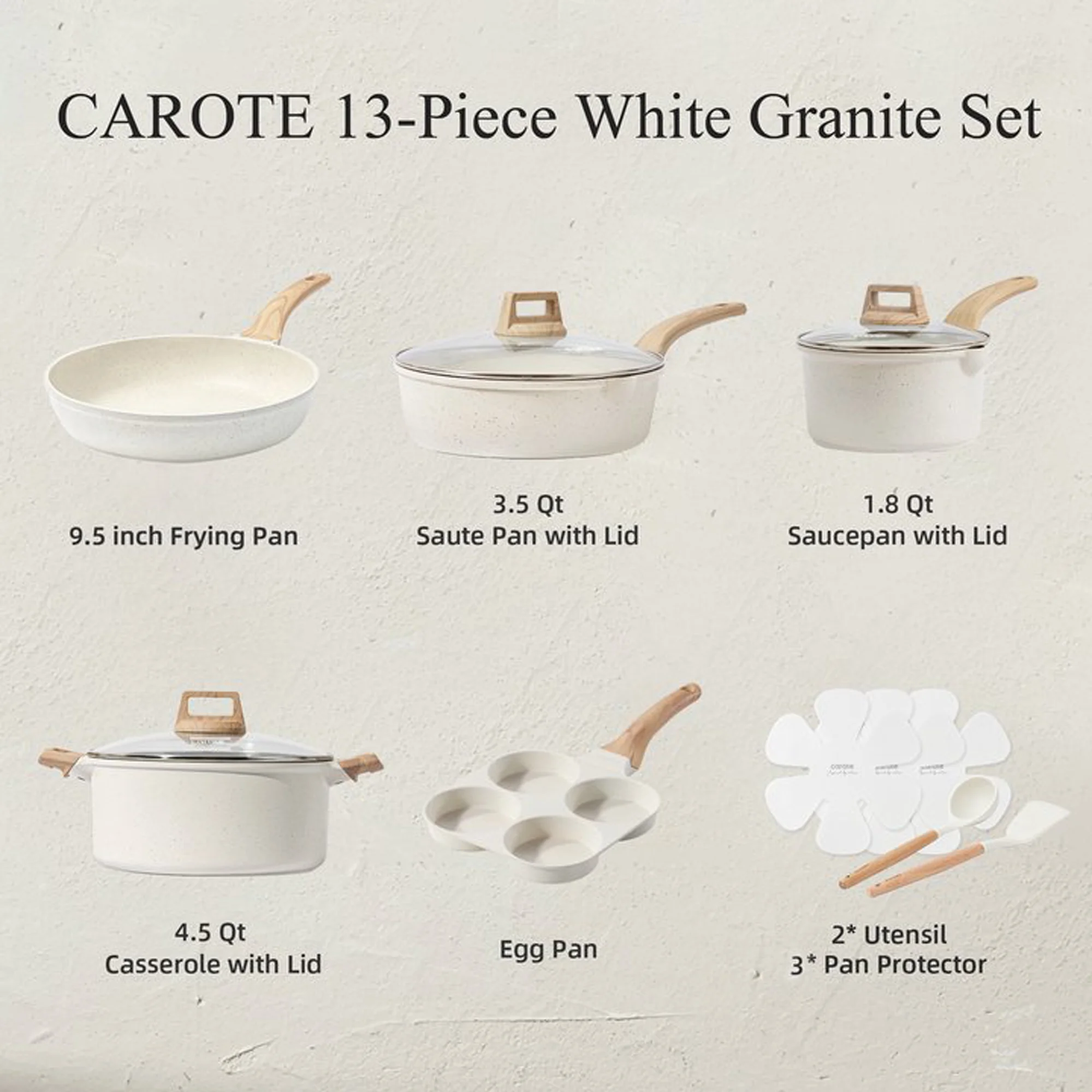 Carote 19 Pcs Nonstick Cookware Sets, Granite Pots and Pans Set Non Stick, White
