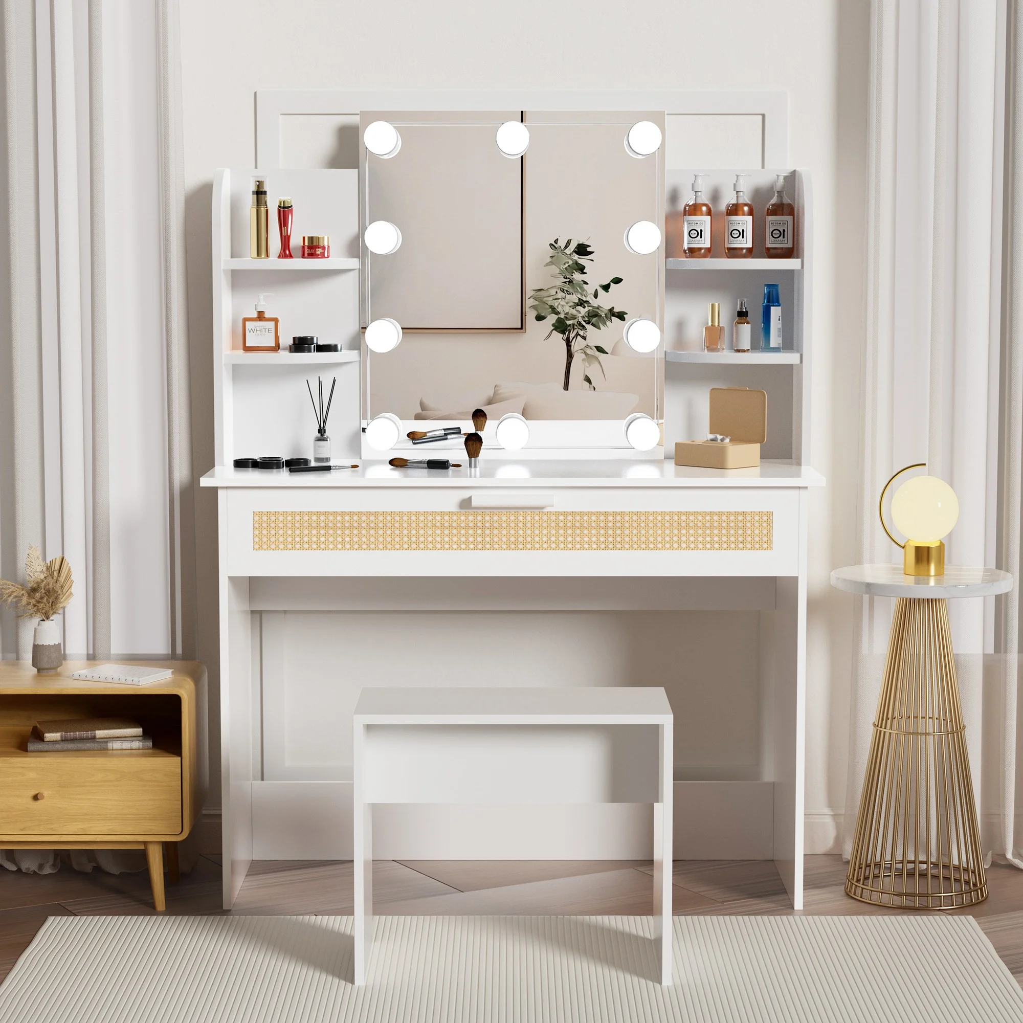 Resenkos Vanity Desk Set with Mirror and Lights for Makeup, 5 Drawers Storage Dresser for Bedroom, White