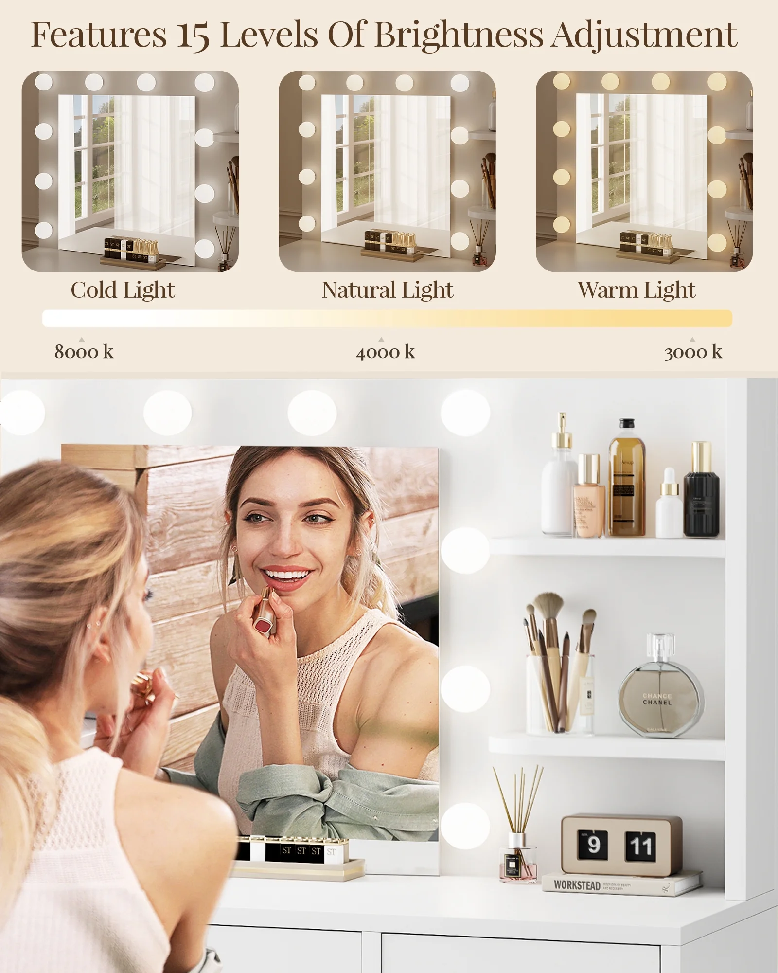 LIVELYGLOW Vanity Desk with Mirror and Lights, Makeup Vanity with Drawer & Storage Shelves, Cabinet, 3 Lighting Modes Adjustable Brightness,White