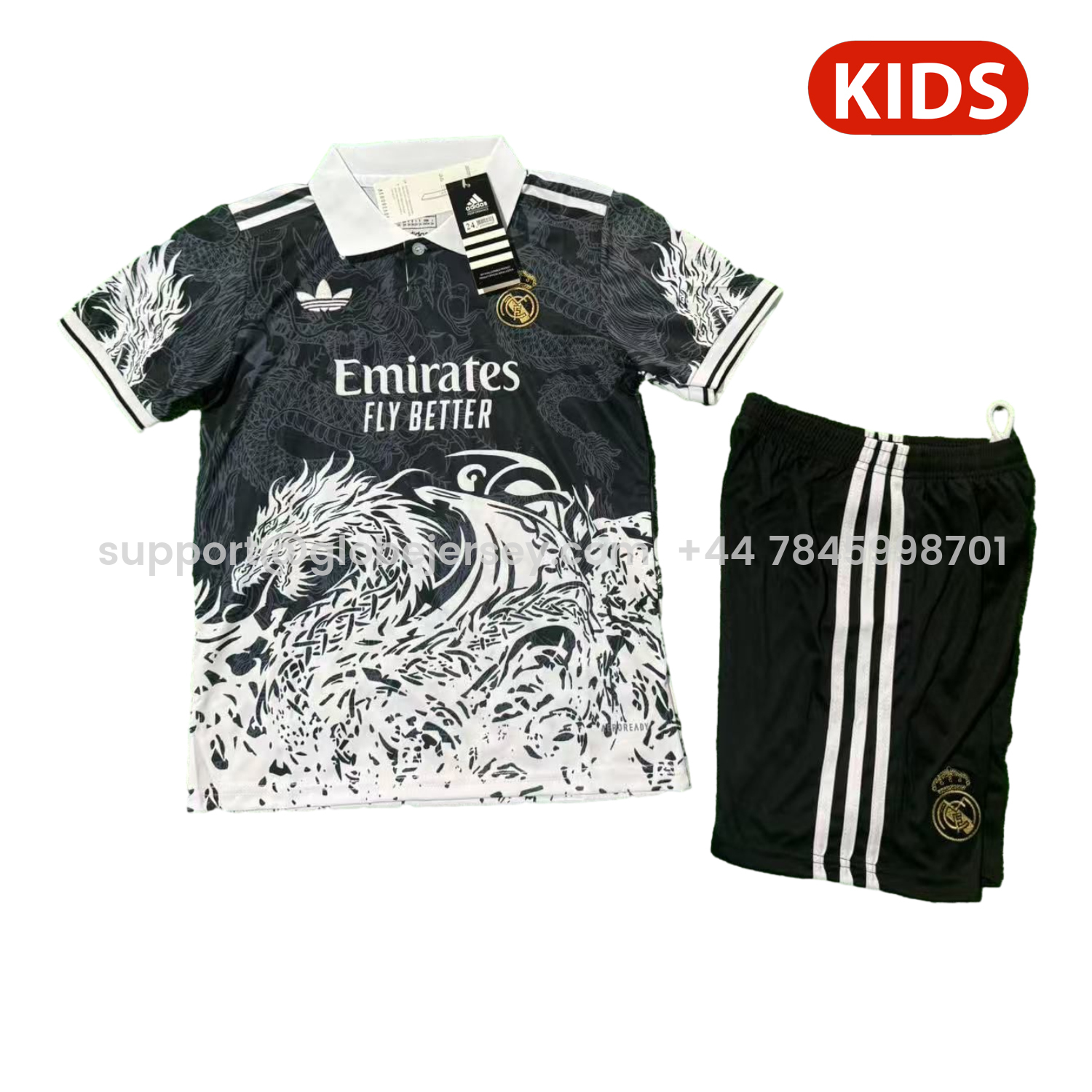 Real Madrid 25-26 White Fire Dragon Black Special Polo Kids Kit