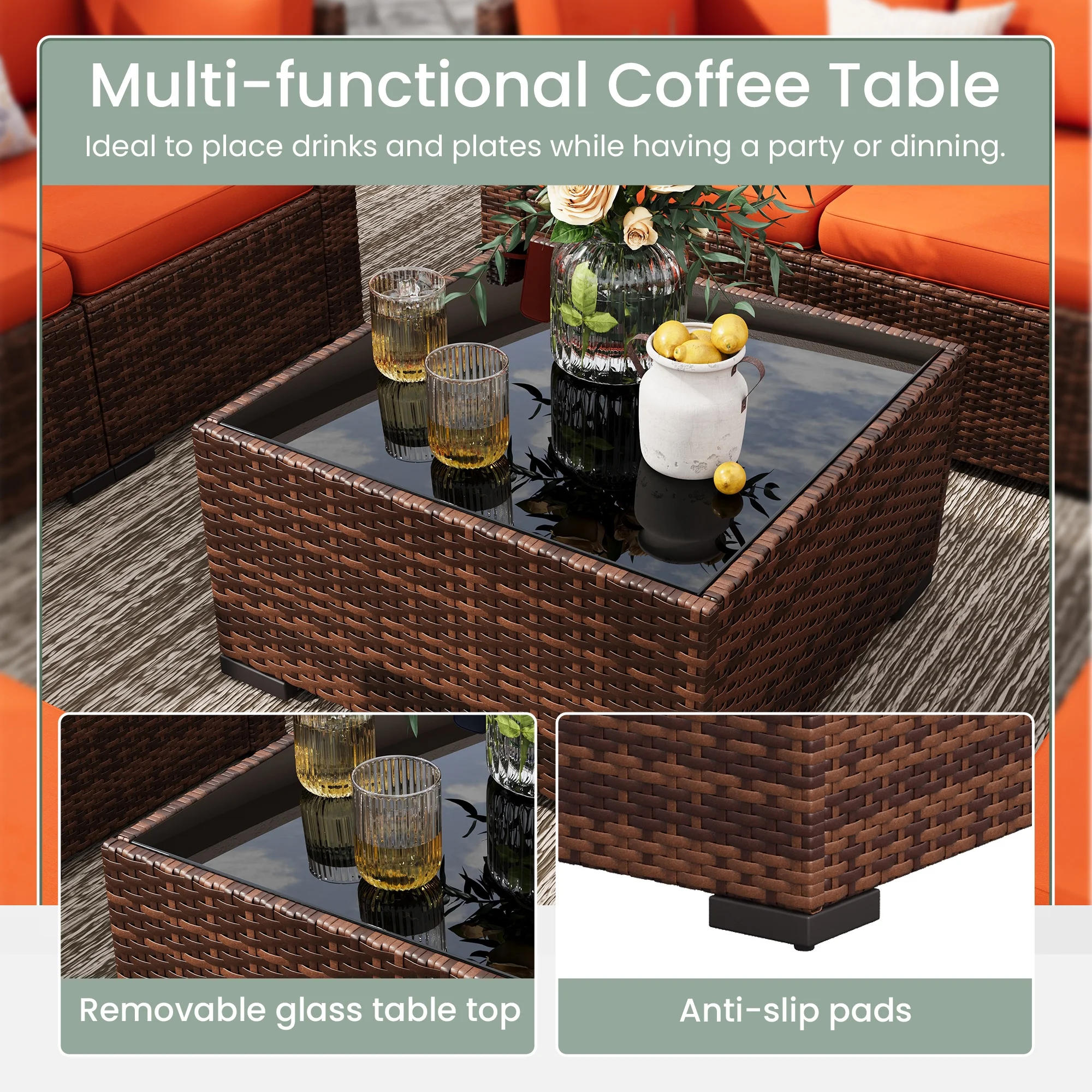 Poteban 7 Pieces Outdoor Sectional Sofa Set , PE Wicker Rattan Slanted Back Outdoor Conversation with Cushions and Glass Coffee Table for Backyard Garden, Dark Gray