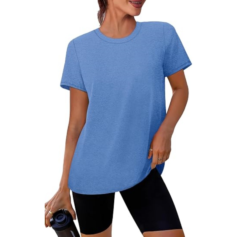 Women's Crew Neck Curved Hem Workout Tops, 2026 Summer Short Sleeve Athletic Shirts for Yoga Pilates Fitness Daily Exercise