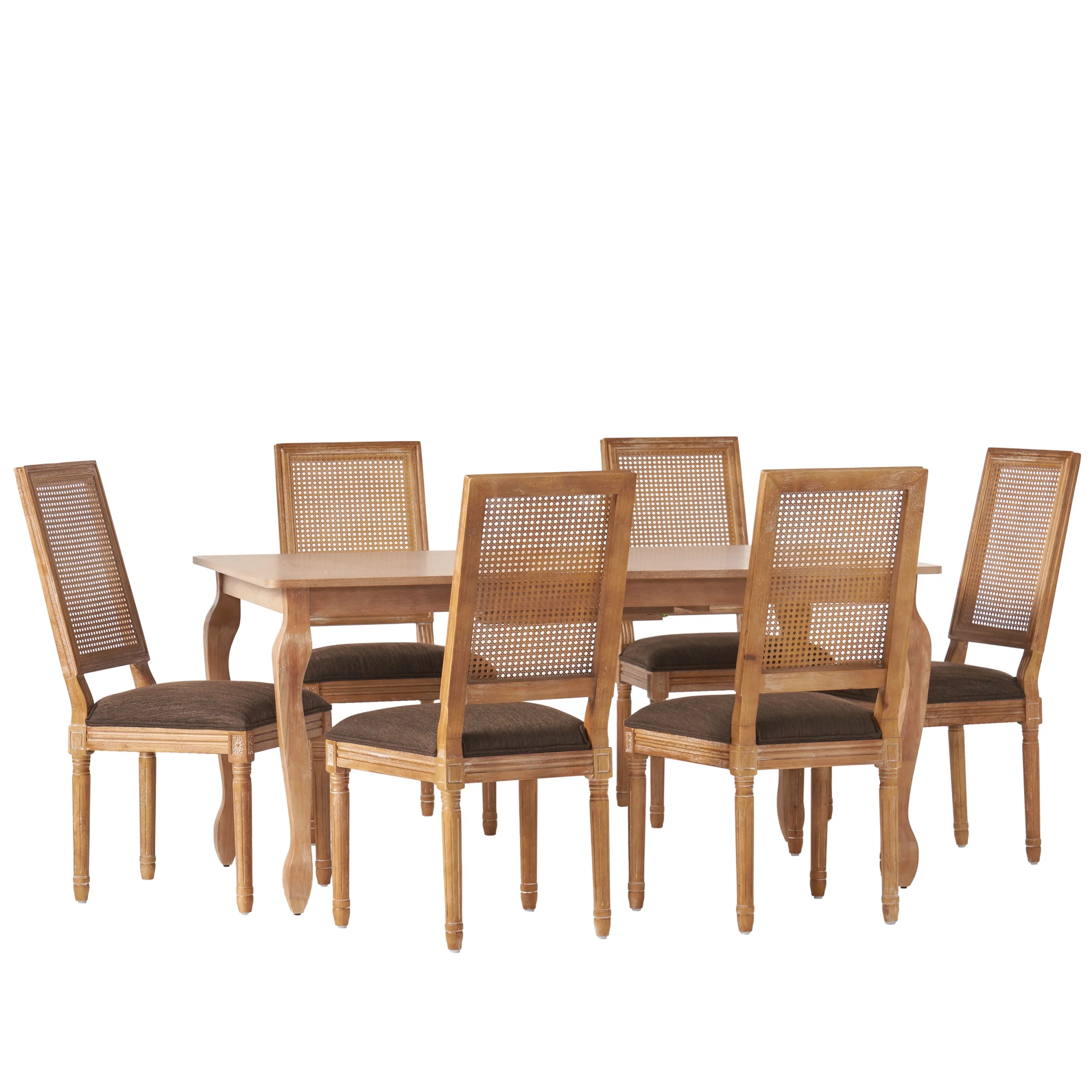 Noble House Fescue Fabric Upholstered Wood and Cane Expandable 7 Piece Dining Set, Gray and Black