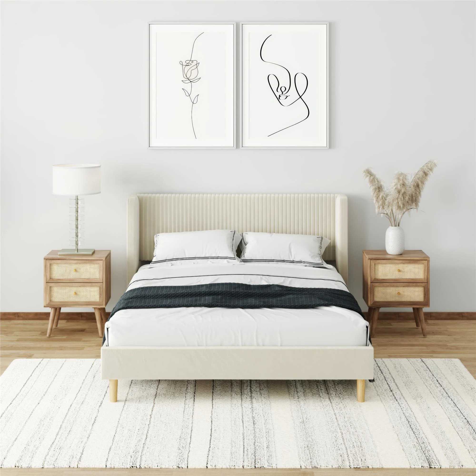 Mainstays Kelsey Upholstered Platform Bed Frame with Tufted Wingback Headboard, No Box Spring Required, Queen, Cream Velvet