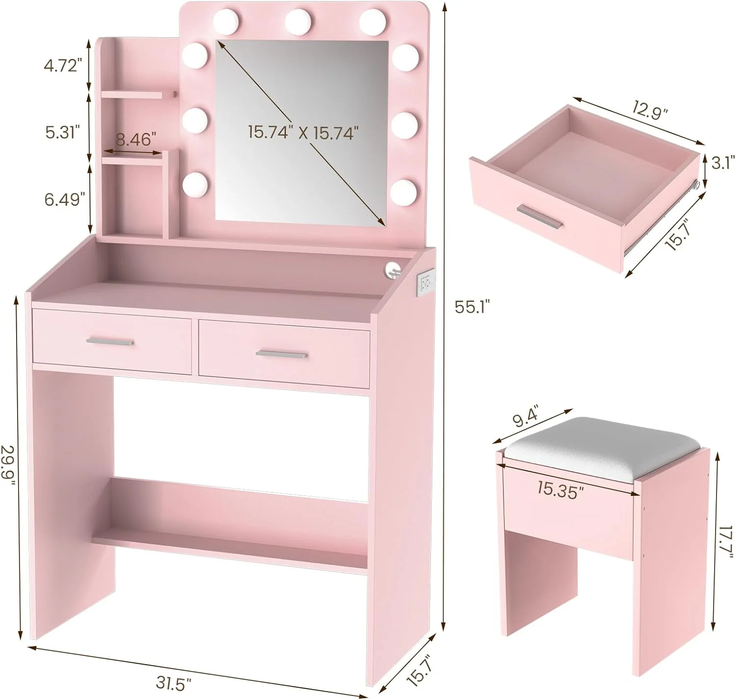 OYang Makeup Vanity with Lights, Vanity Desk with Mirror and Lights Set, Large Drawer and Two-Tier Lots Storage Cabinet, 3 Lighting Modes Adjustable Brightness