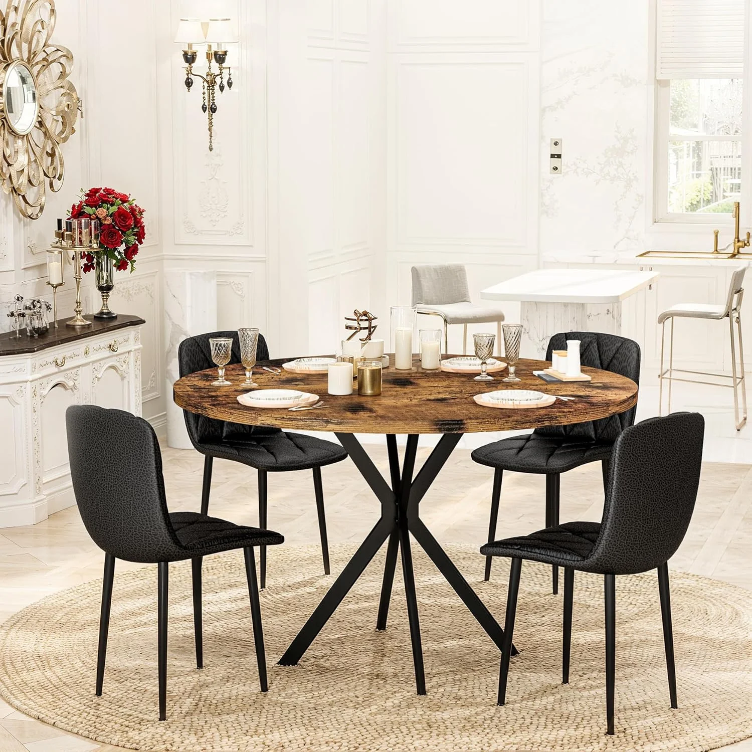 LinkRomat Round Kitchen Table and Chairs Set, 5-Piece Dining Room Table Set with Faux Marble Top & 4 Luxury Diamond Tufted Chairs, Used in Kitchens and Dining(Brown+Black)