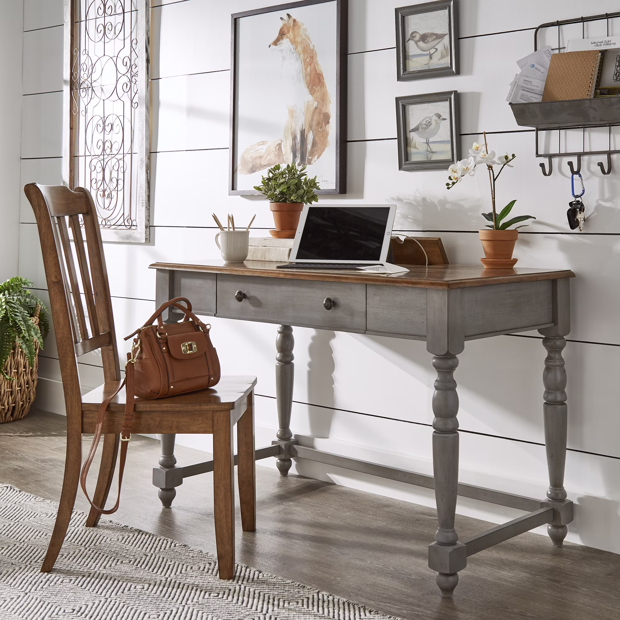 Weston Home Vance 1-Drawer Oak Top Desk with Charging Station, Antique Black