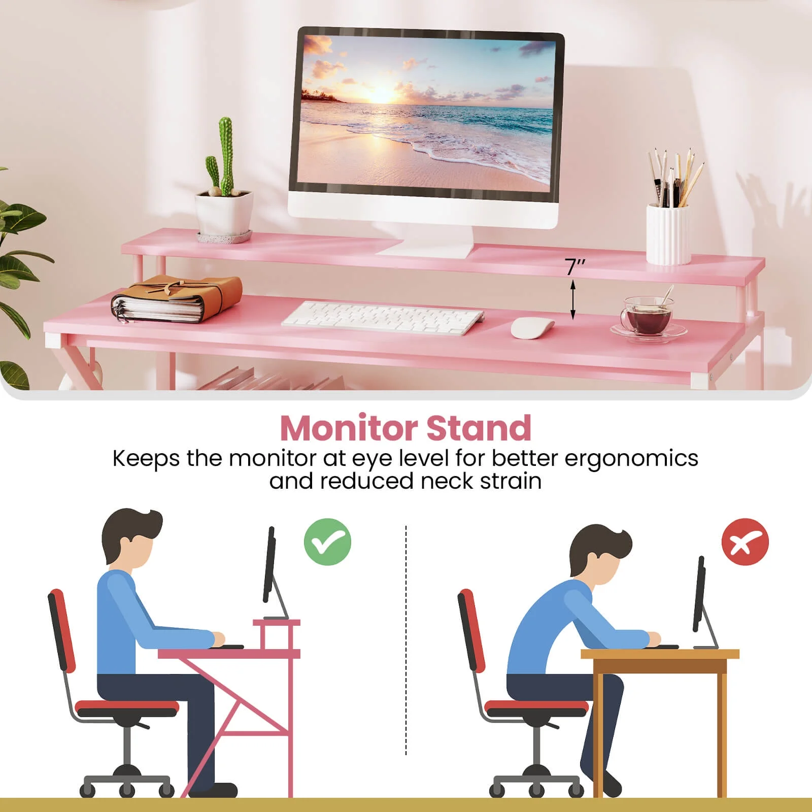 Costway Home Office Desk with Monitor Stand, Open Shelf & Metal Frame, Earphone Hook White