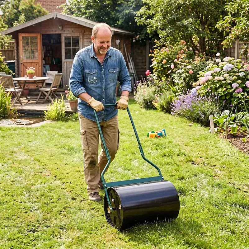 12-Gallon Lawn Roller – Water- or Sand-Filled Drum with U-Handle for Smooth Soil Compaction