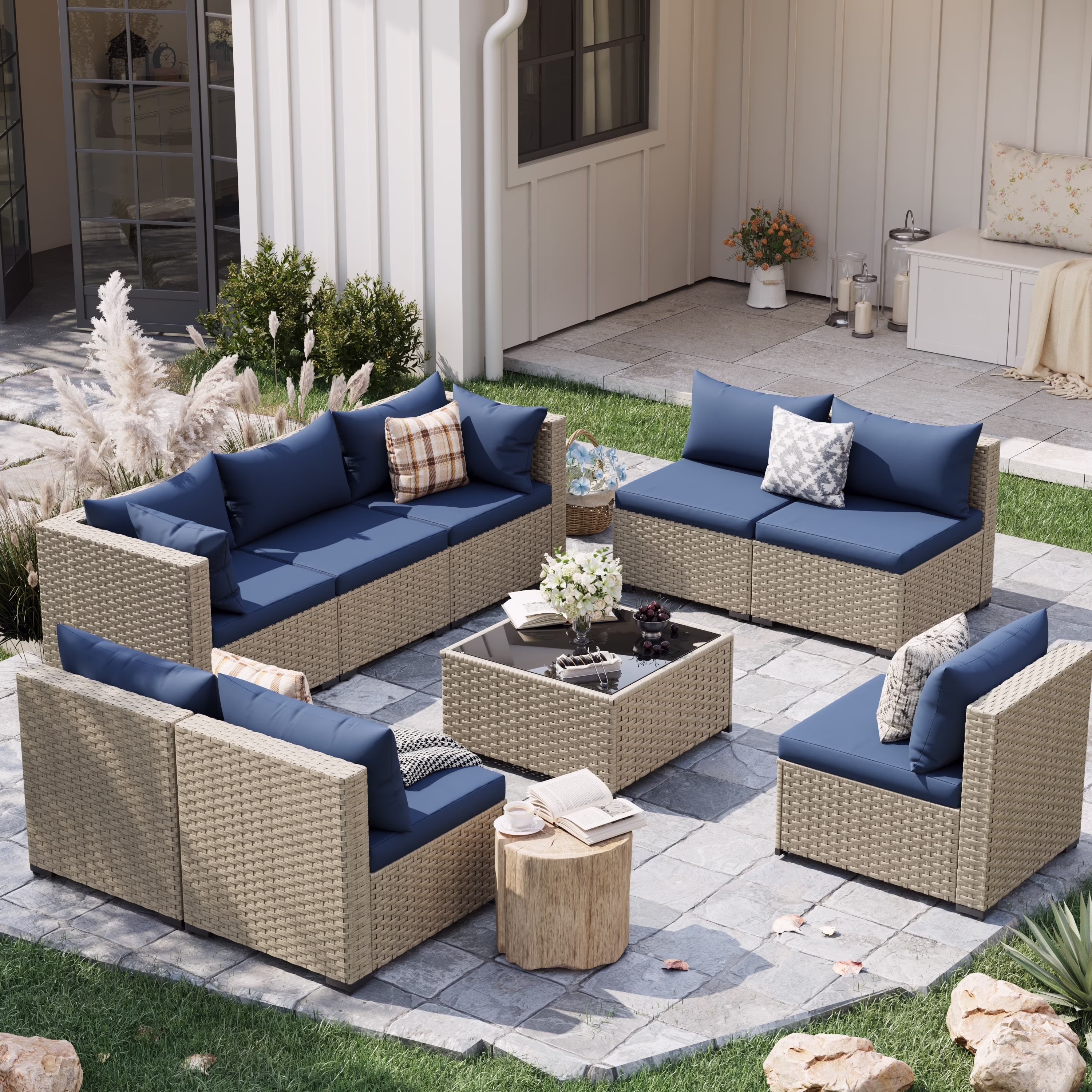 POTEBAN 7 Pieces Outdoor Patio Furniture Set, Grey Rattan Wicker Outdoor Conversation Sectional Sofa Set with Cushions for Backyard, Green